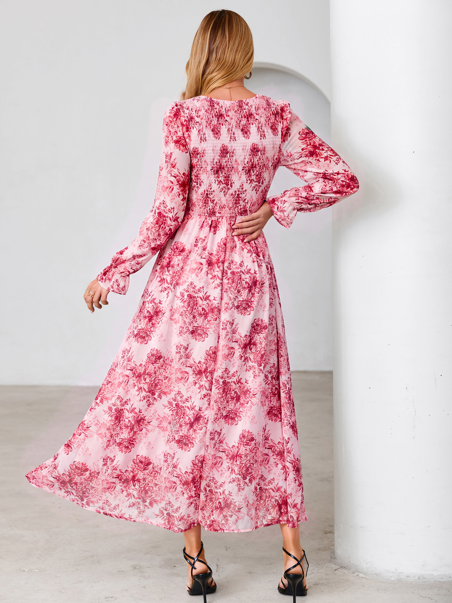 Floral Chiffon Smocked V Neck Maxi Dress
