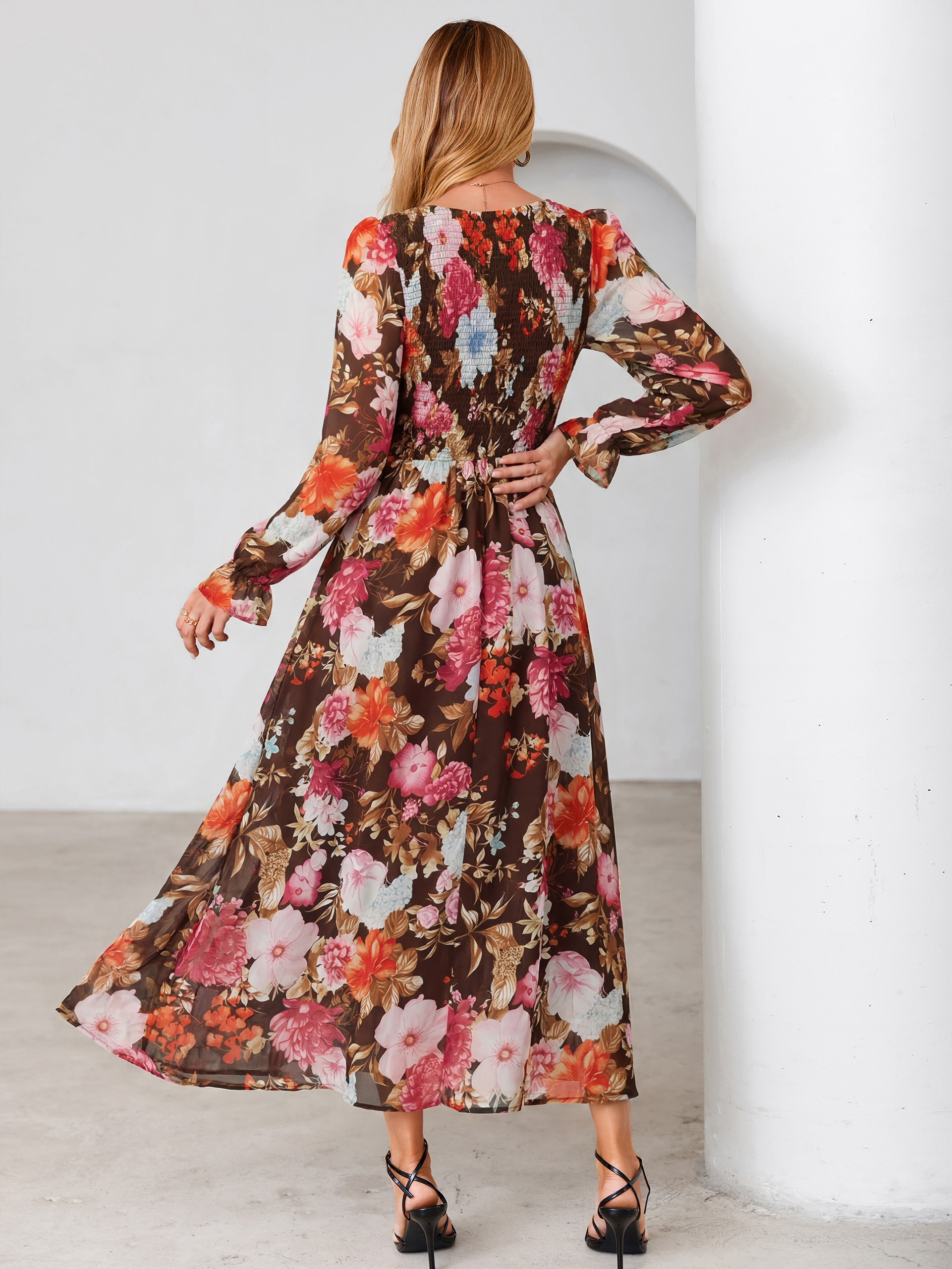 Floral Chiffon Smocked V Neck Maxi Dress