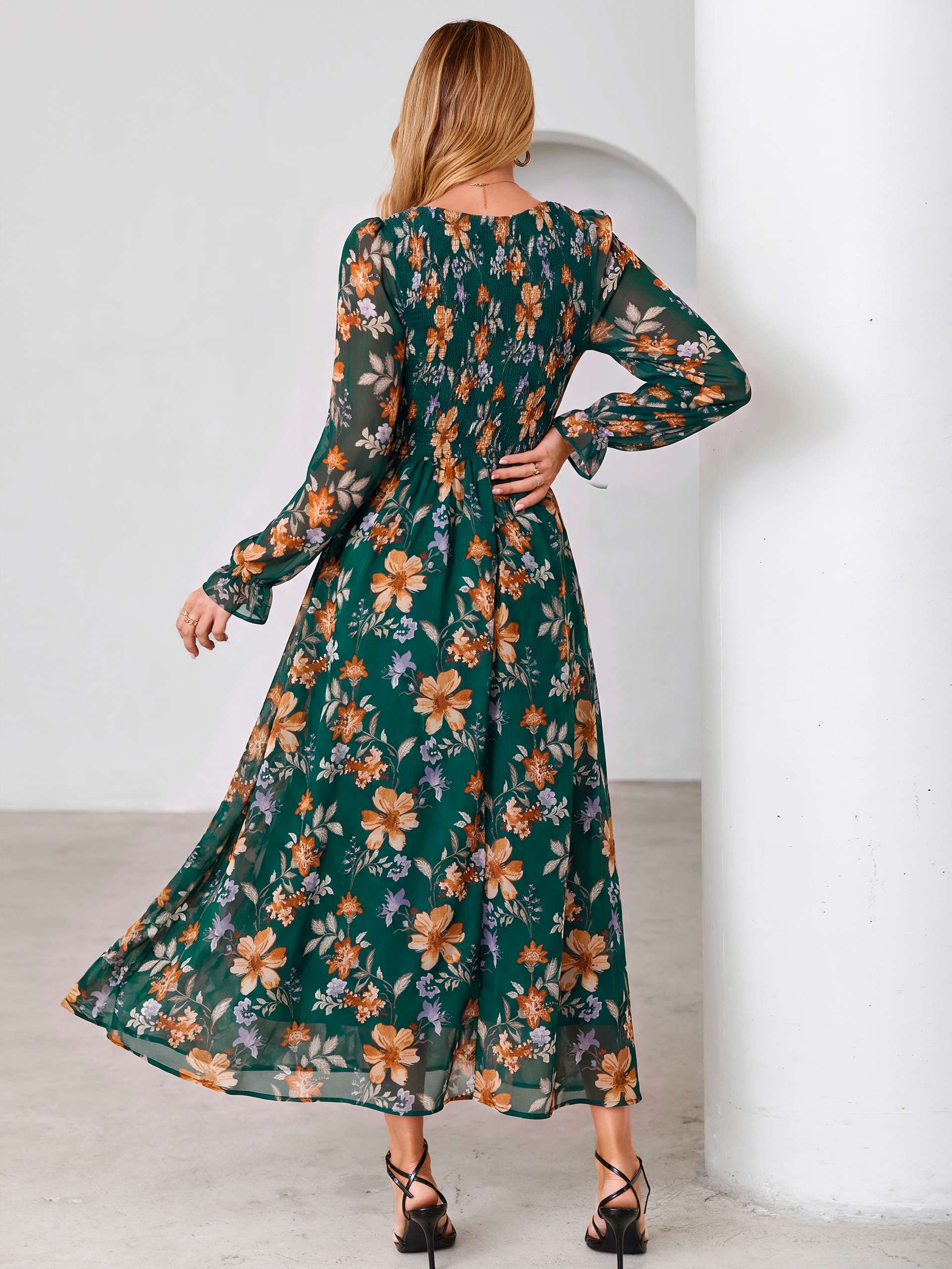 Floral Chiffon Smocked V Neck Maxi Dress