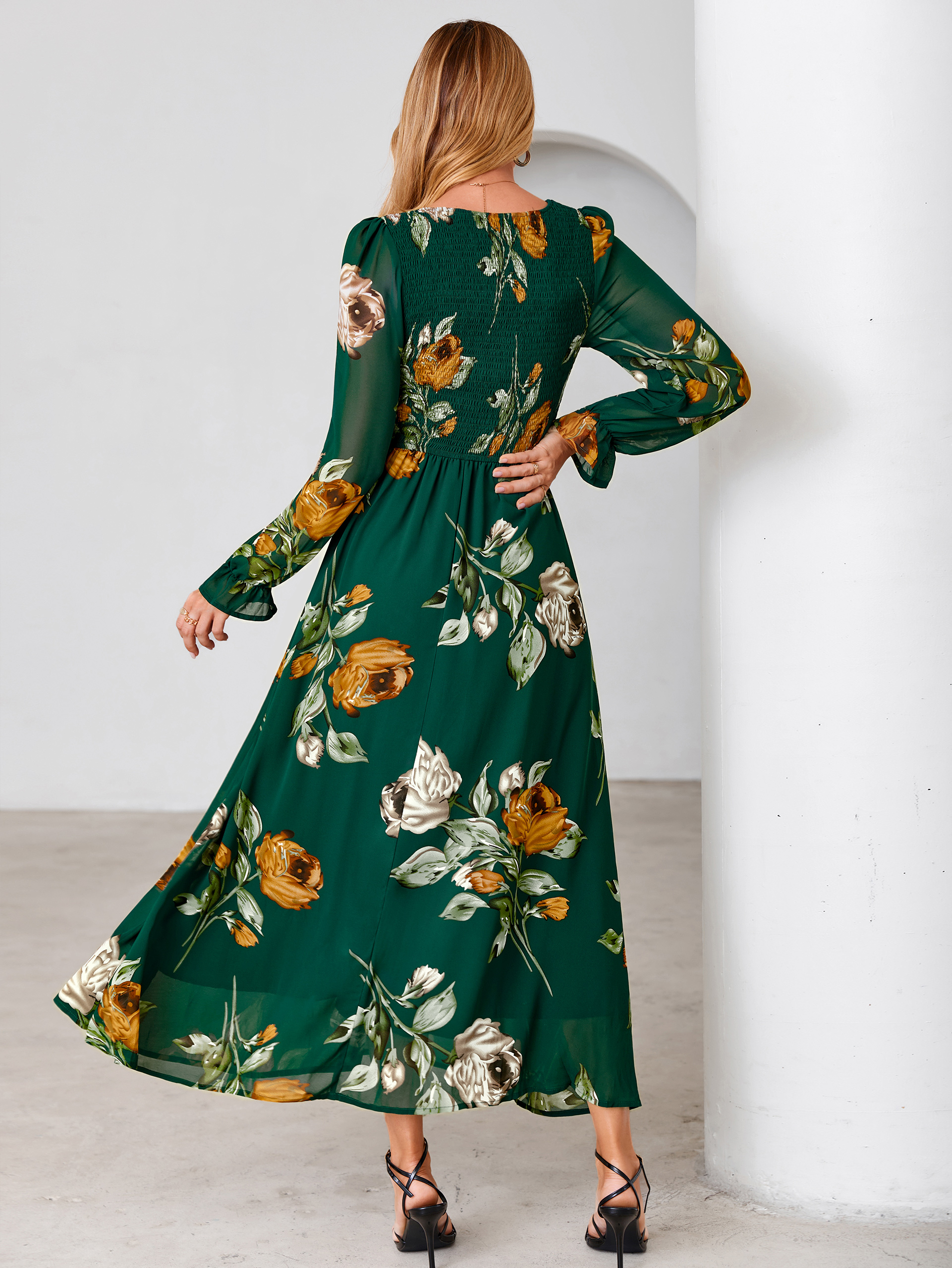 Floral Chiffon Smocked V Neck Maxi Dress