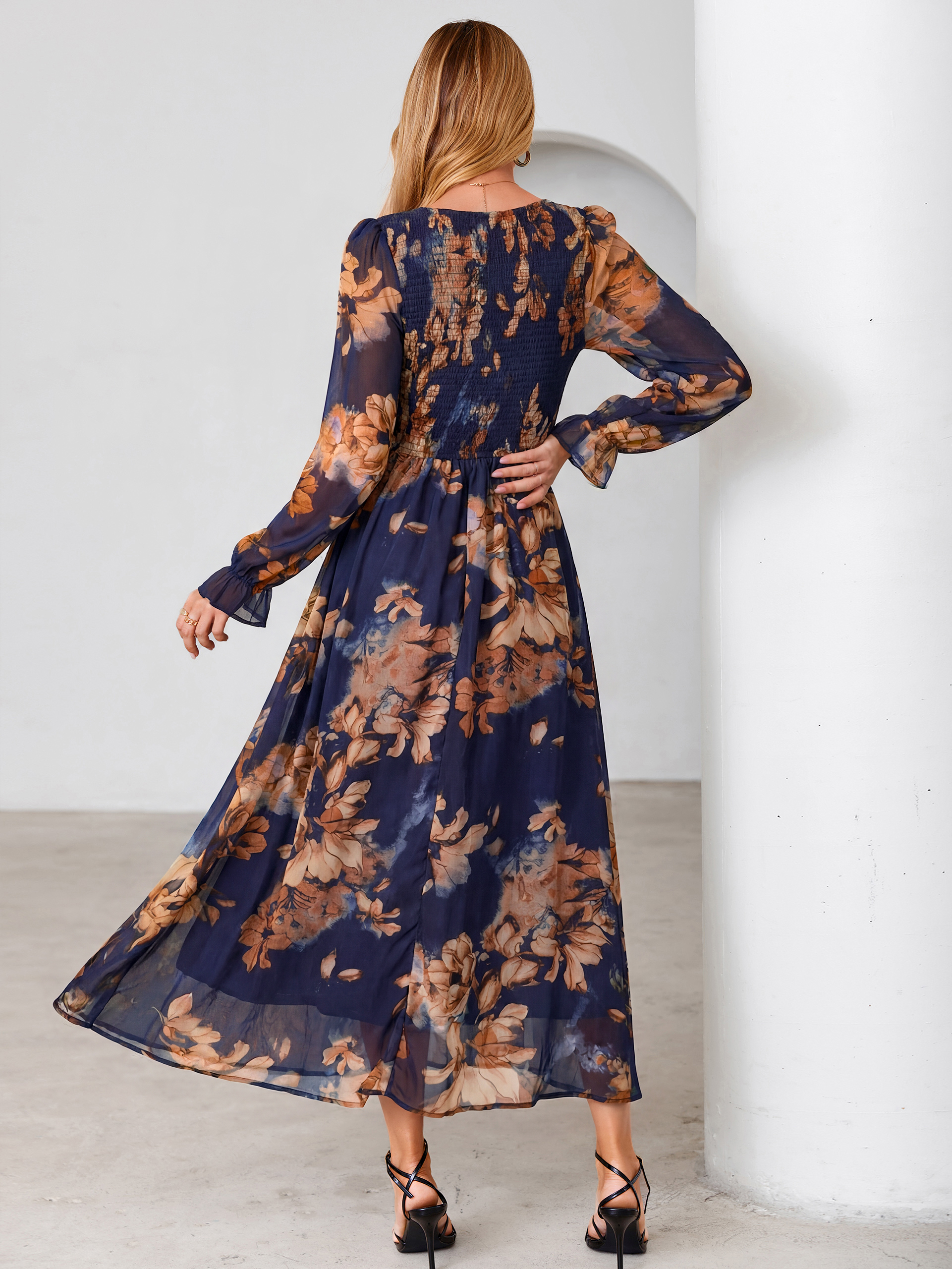 Floral Chiffon Smocked V Neck Maxi Dress