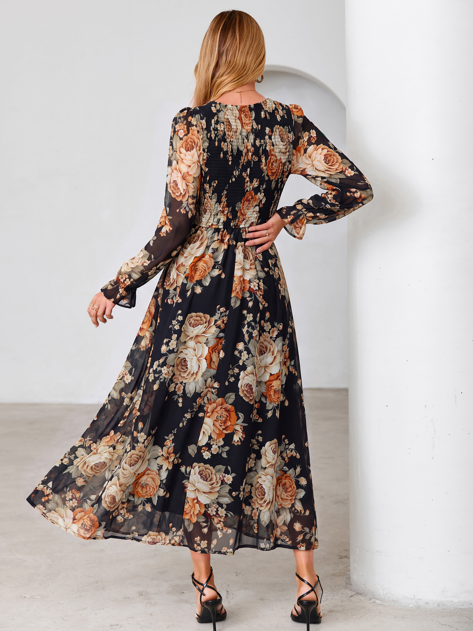 Floral Chiffon Smocked V Neck Maxi Dress