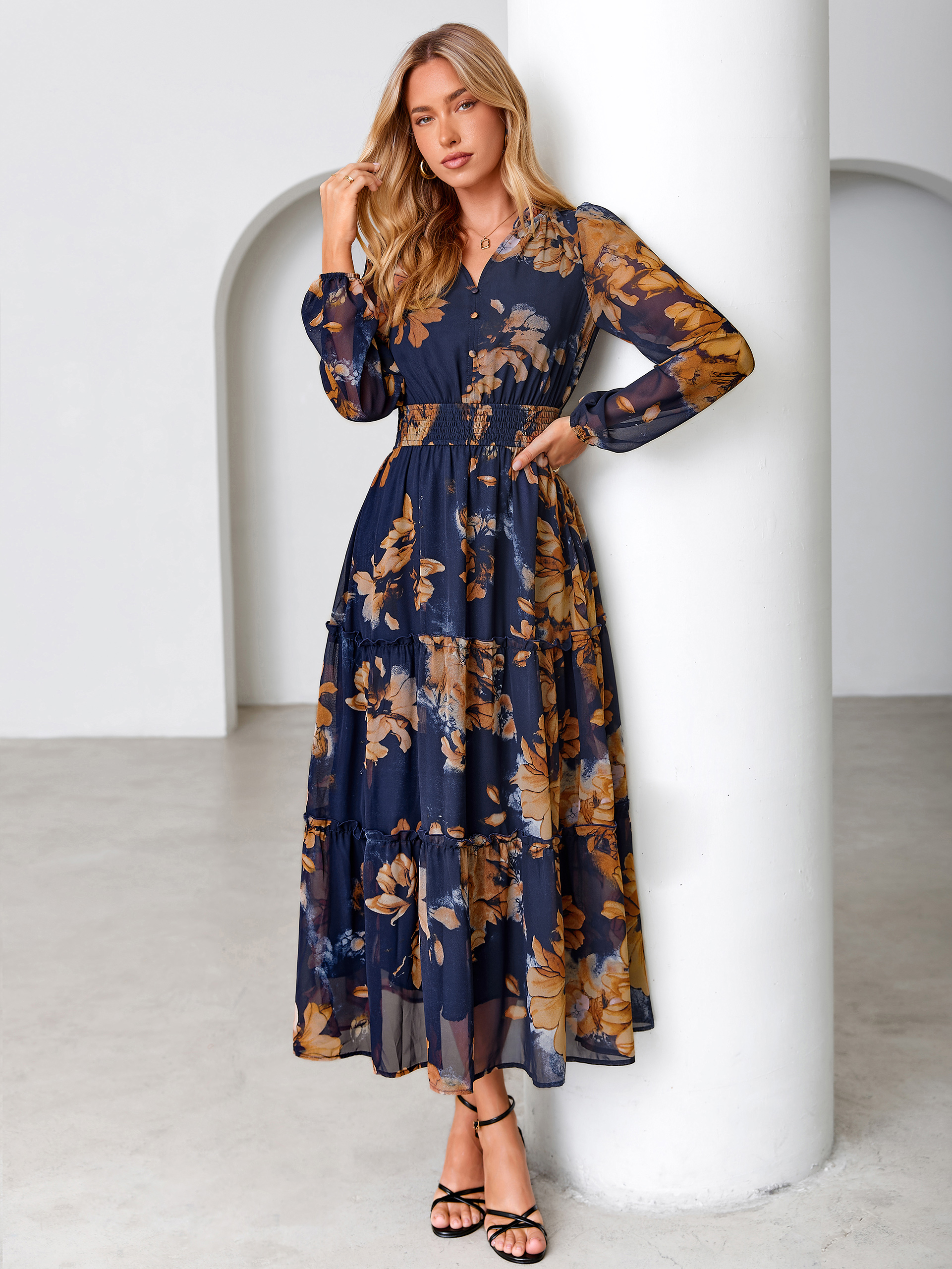Floral Chiffon Button V Neck Tiered Maxi Dress