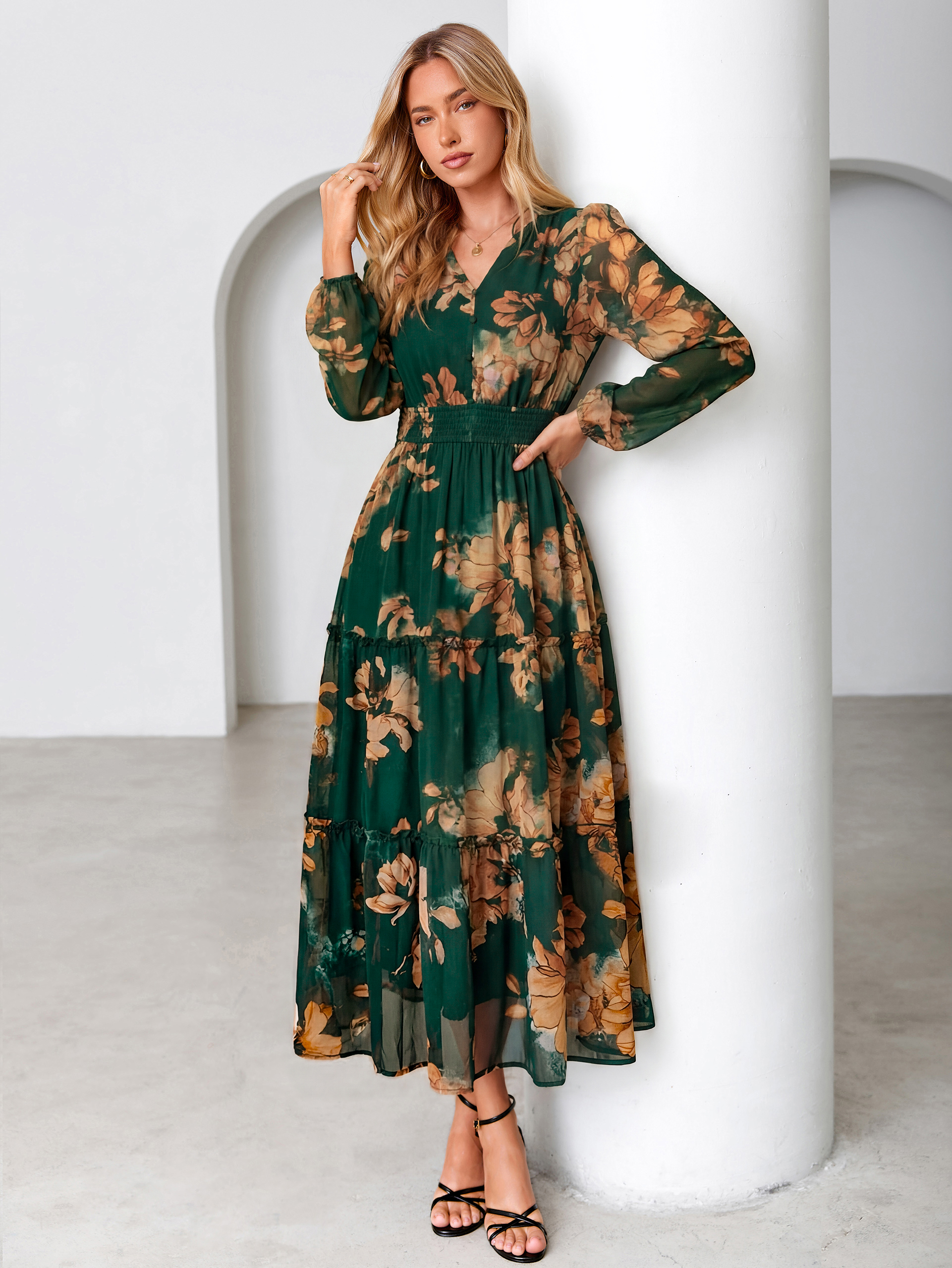Floral Chiffon Button V Neck Tiered Maxi Dress