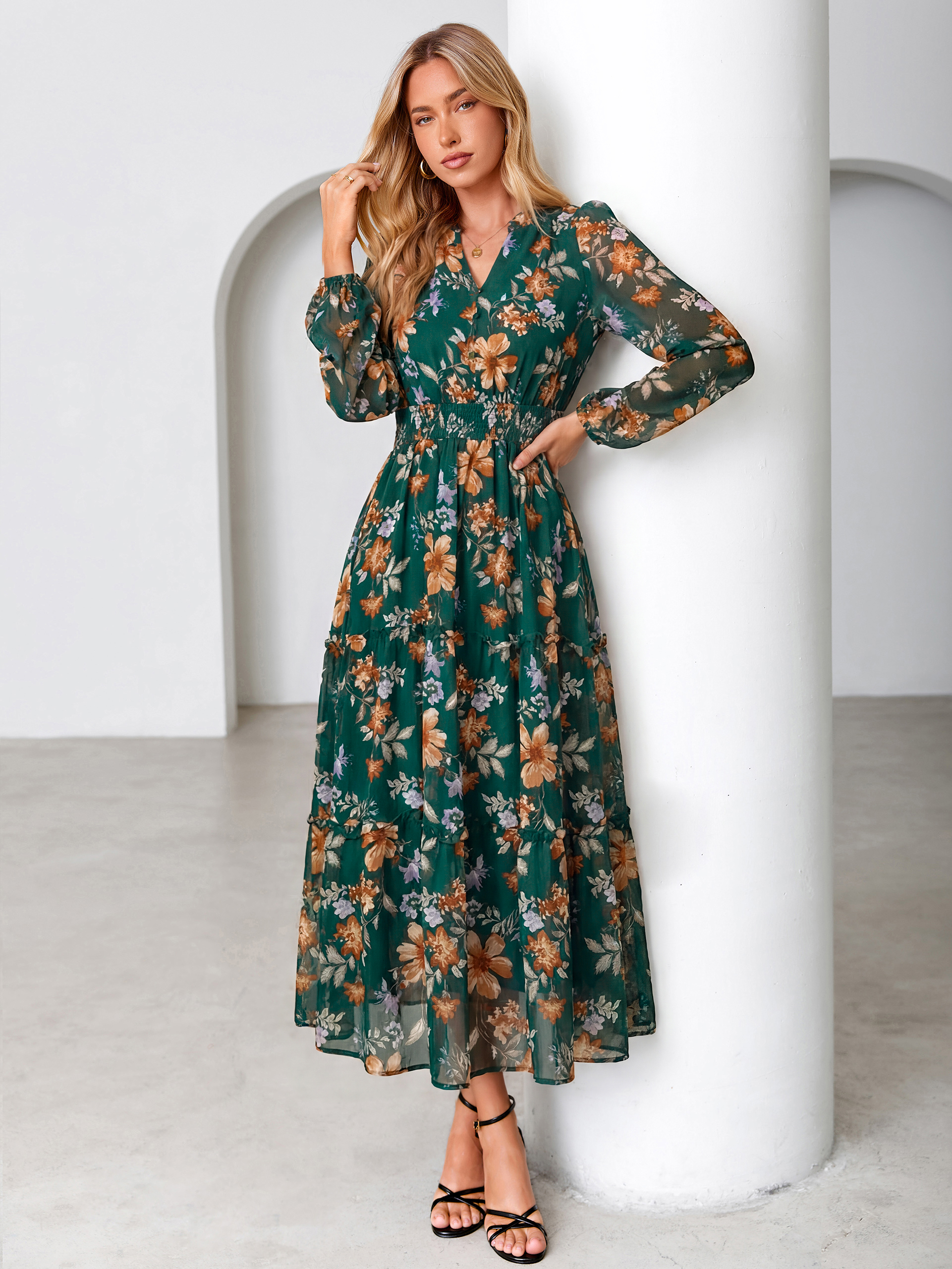 Floral Chiffon Button V Neck Tiered Maxi Dress