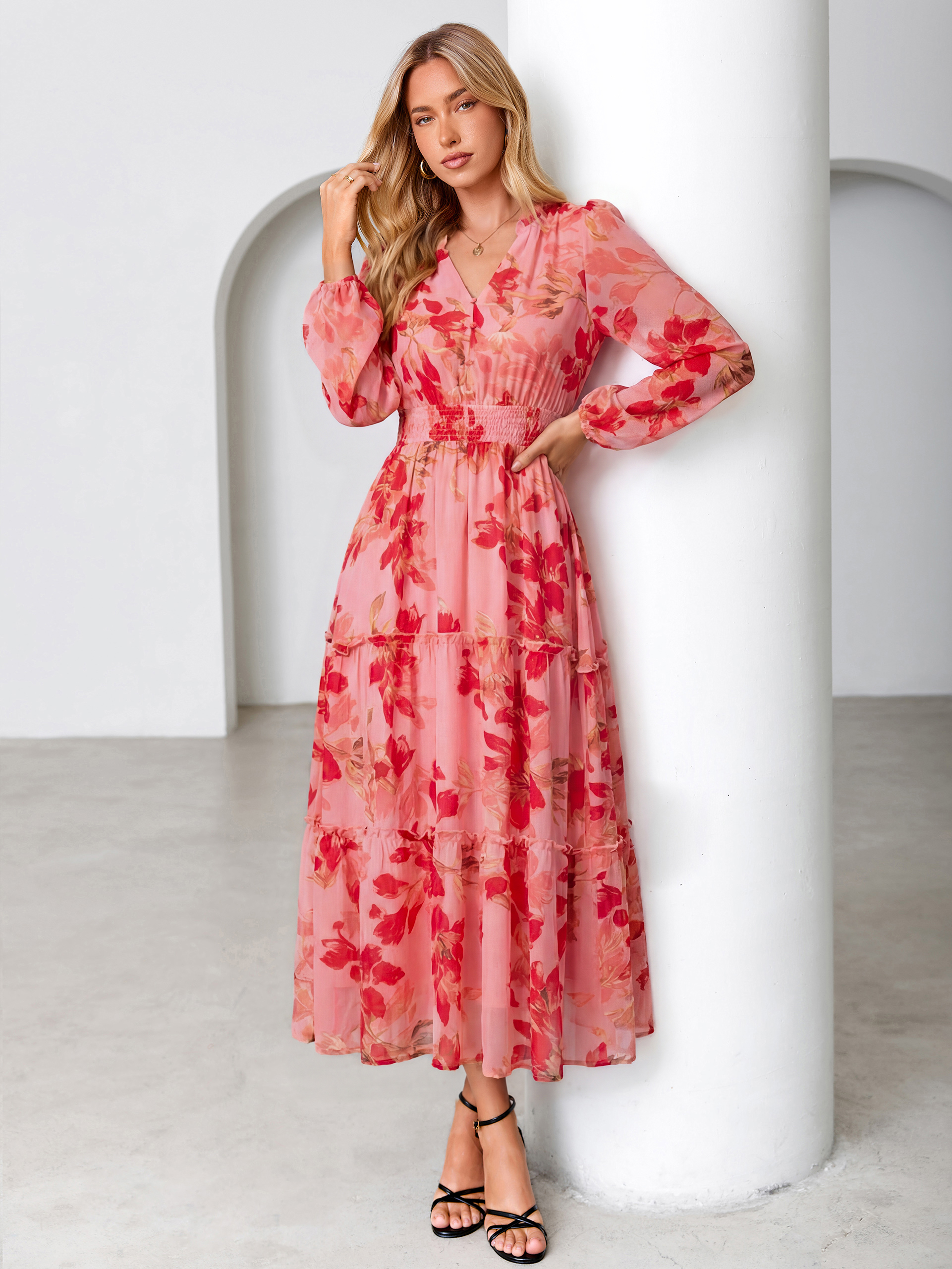 Floral Chiffon Button V Neck Tiered Maxi Dress