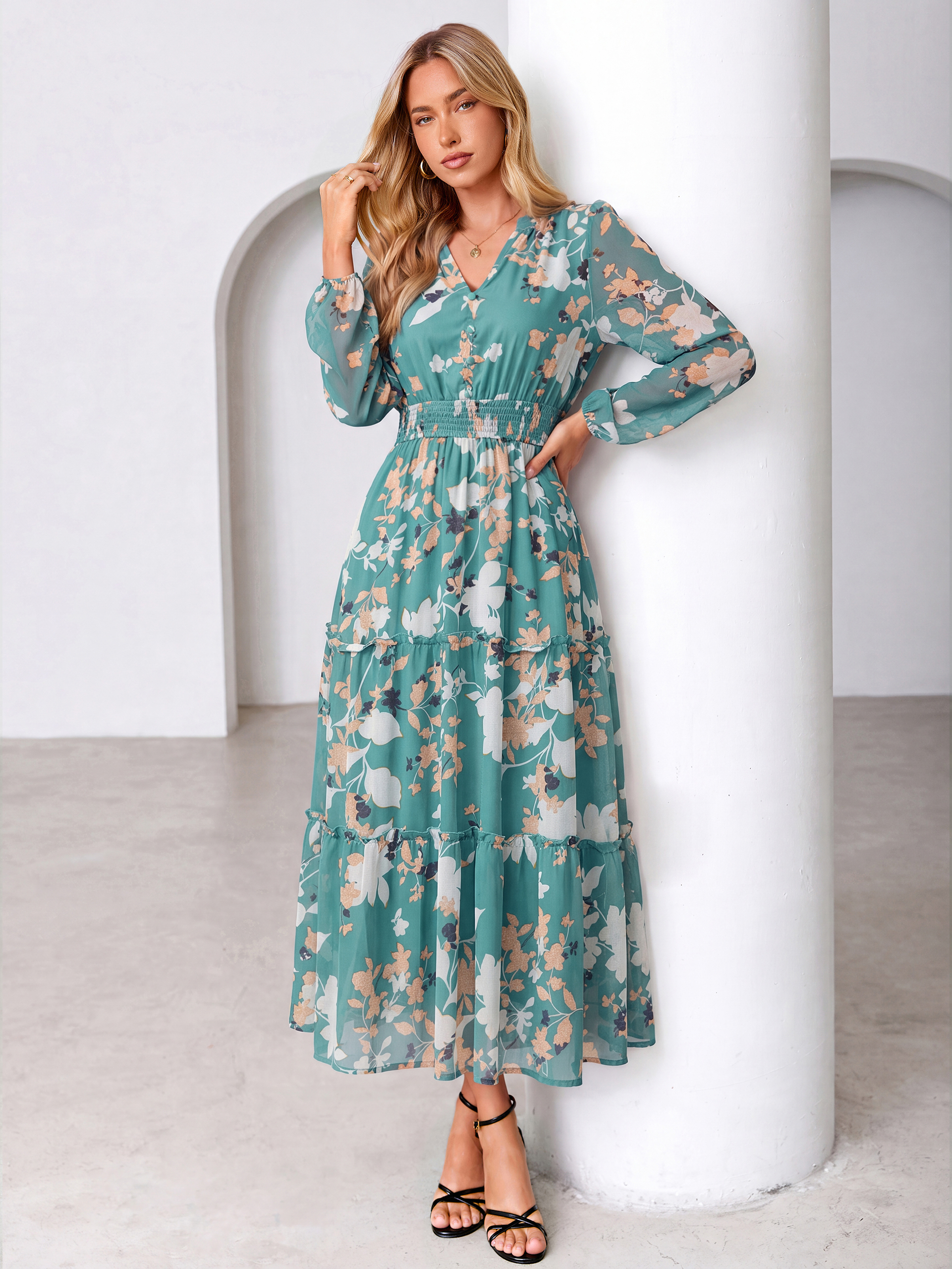 Floral Chiffon Button V Neck Tiered Maxi Dress