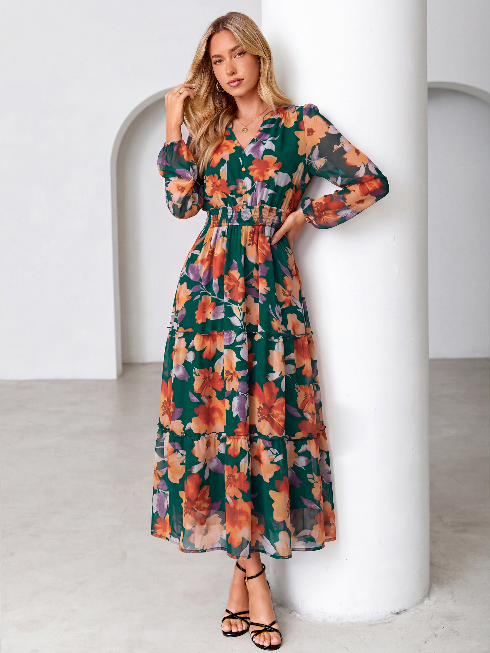 Floral Chiffon Button V Neck Tiered Maxi Dress