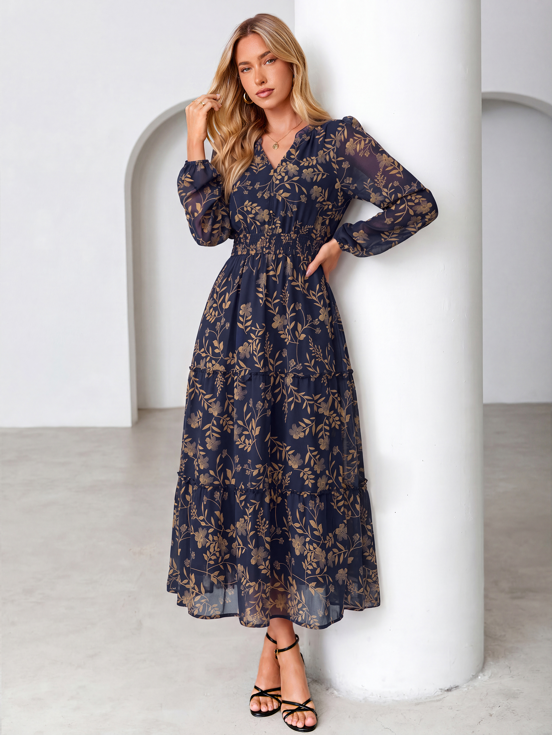 Floral Chiffon Button V Neck Tiered Maxi Dress