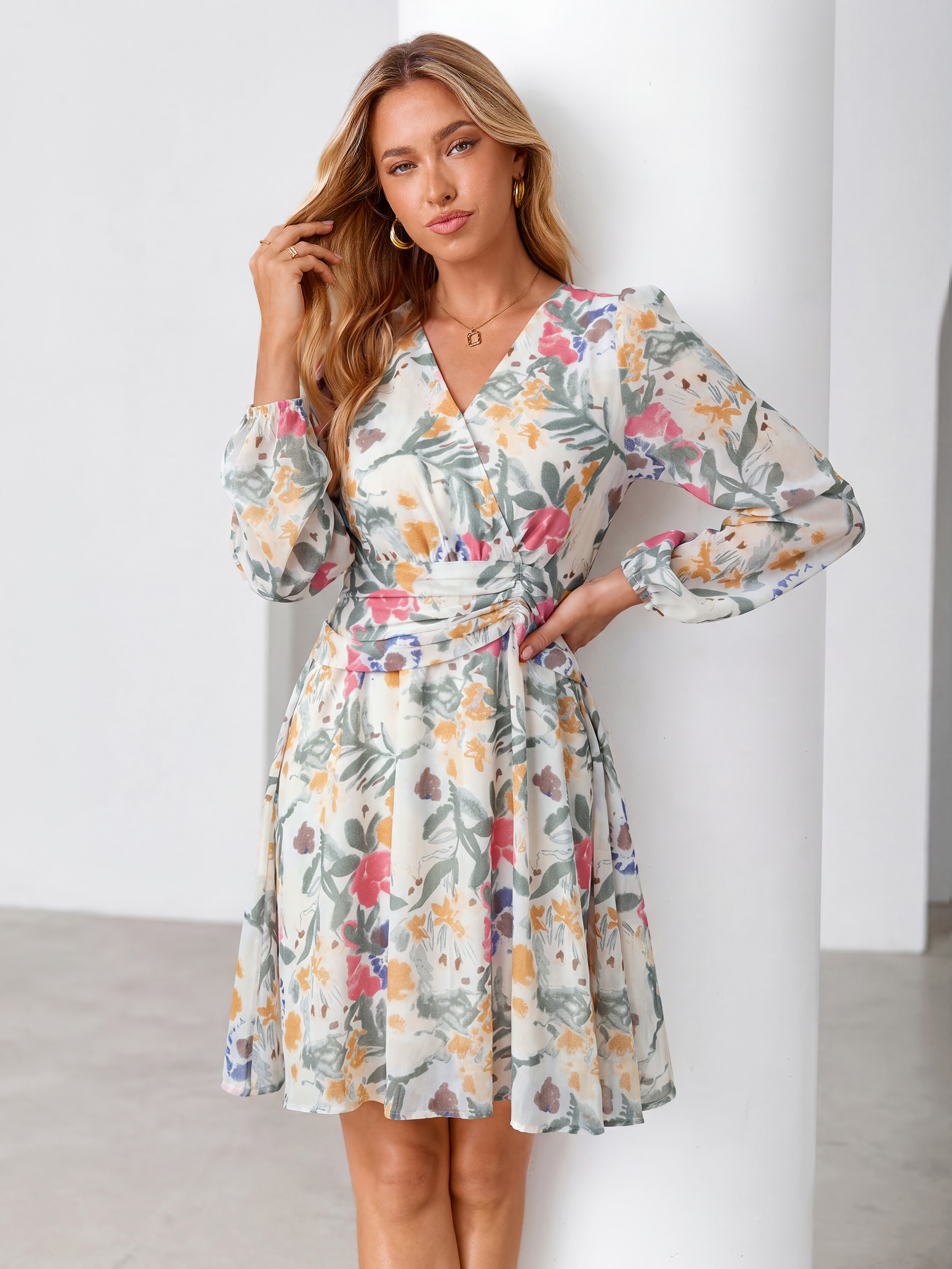 V Neck Floral Chiffon Long Sleeve Mini Dress