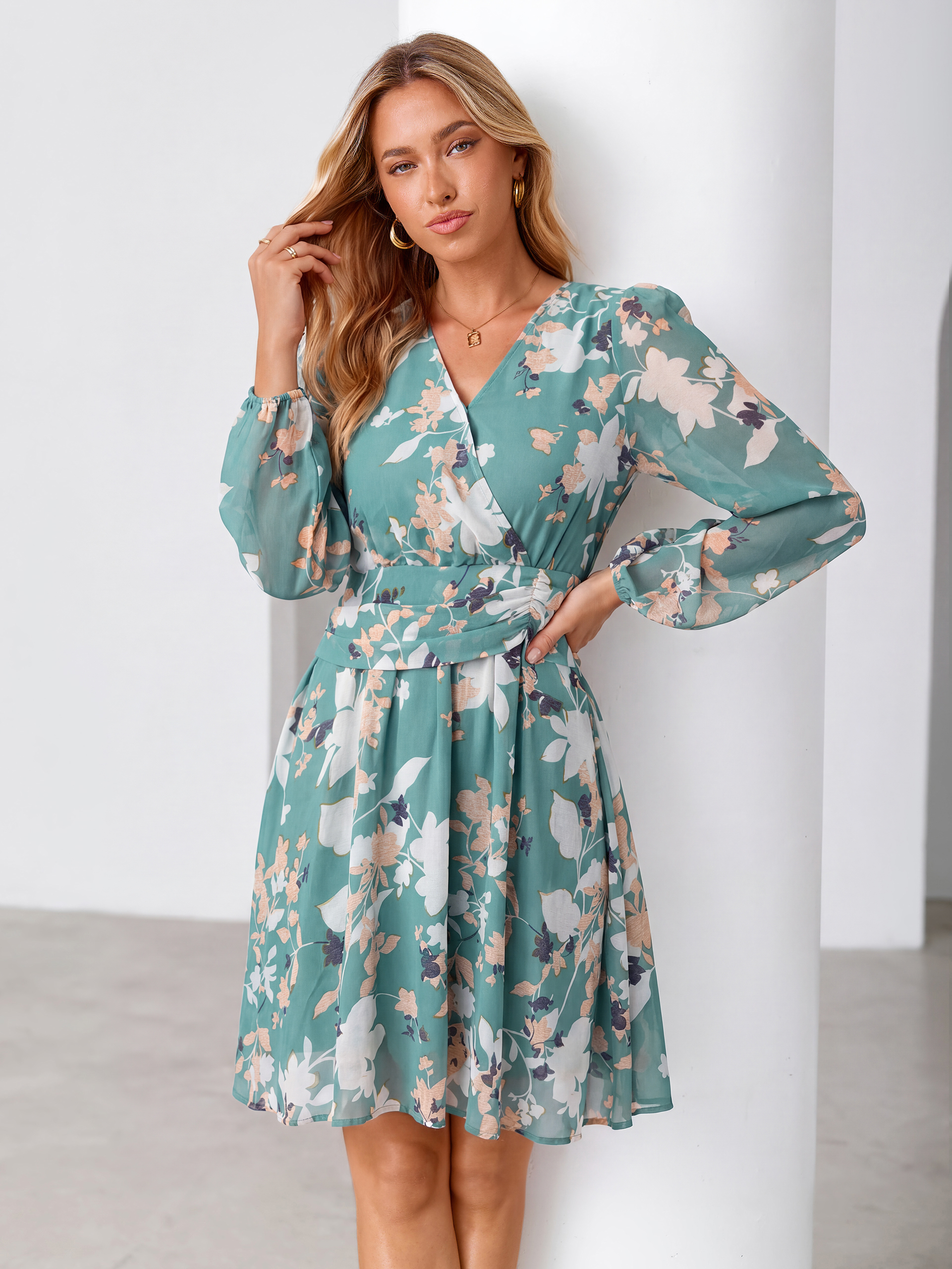 V Neck Floral Chiffon Long Sleeve Mini Dress