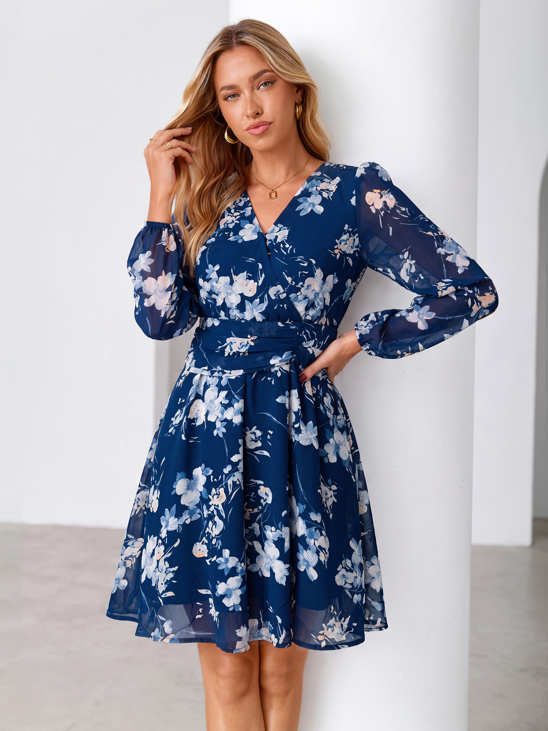 V Neck Floral Chiffon Long Sleeve Mini Dress