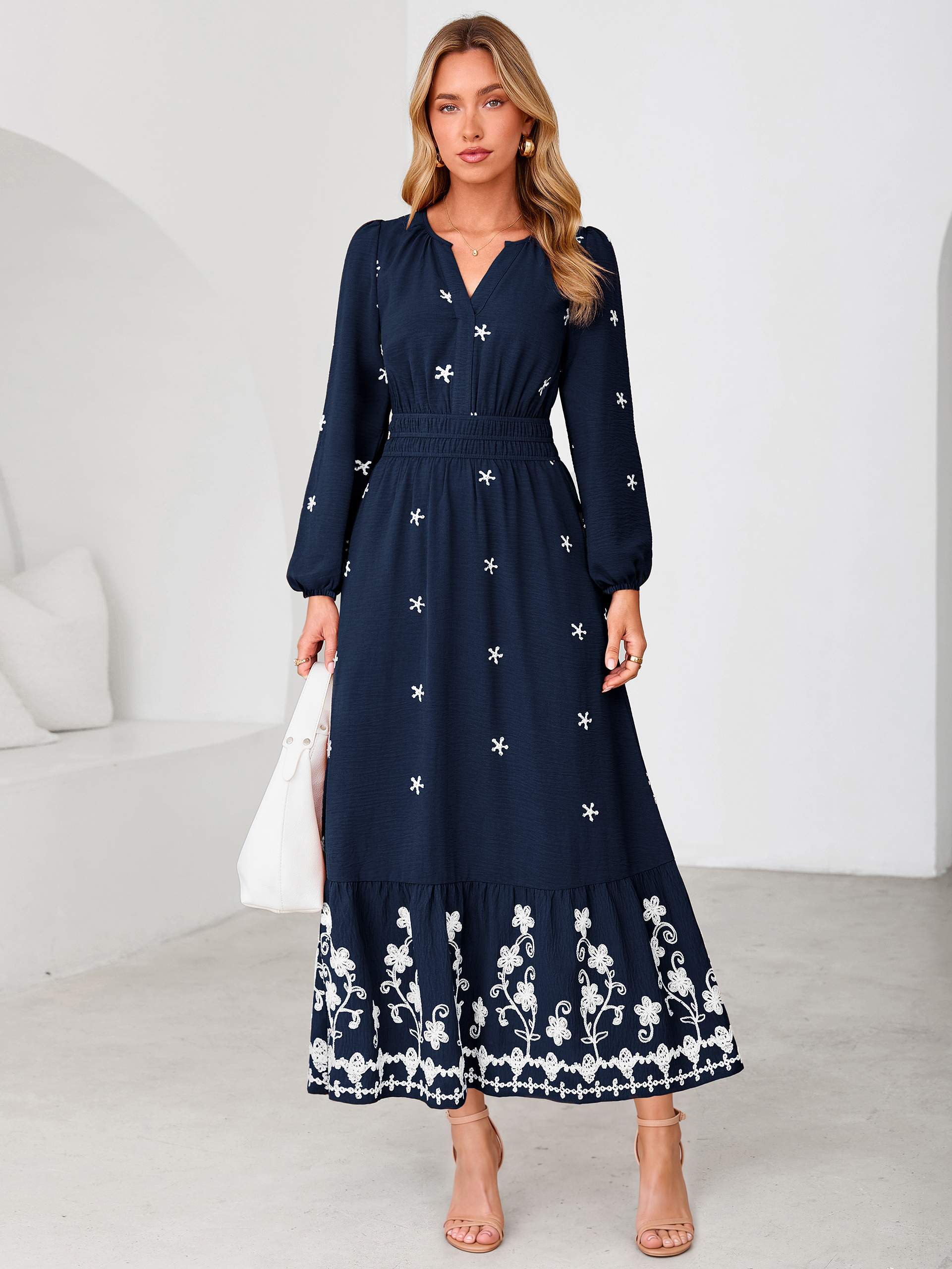 Boho Floral Embroidered Long Sleeve Maxi Dress