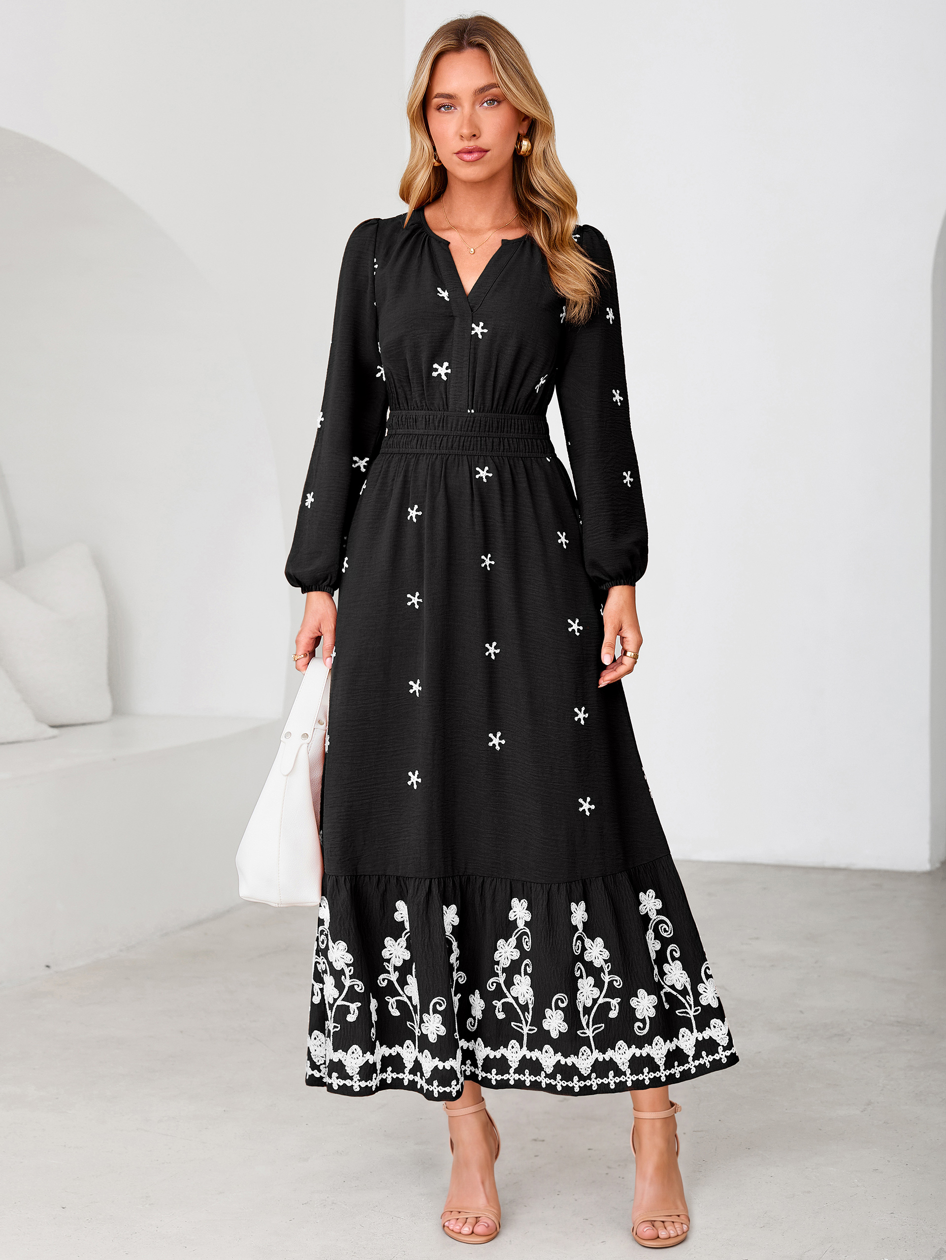 Boho Floral Embroidered Long Sleeve Maxi Dress
