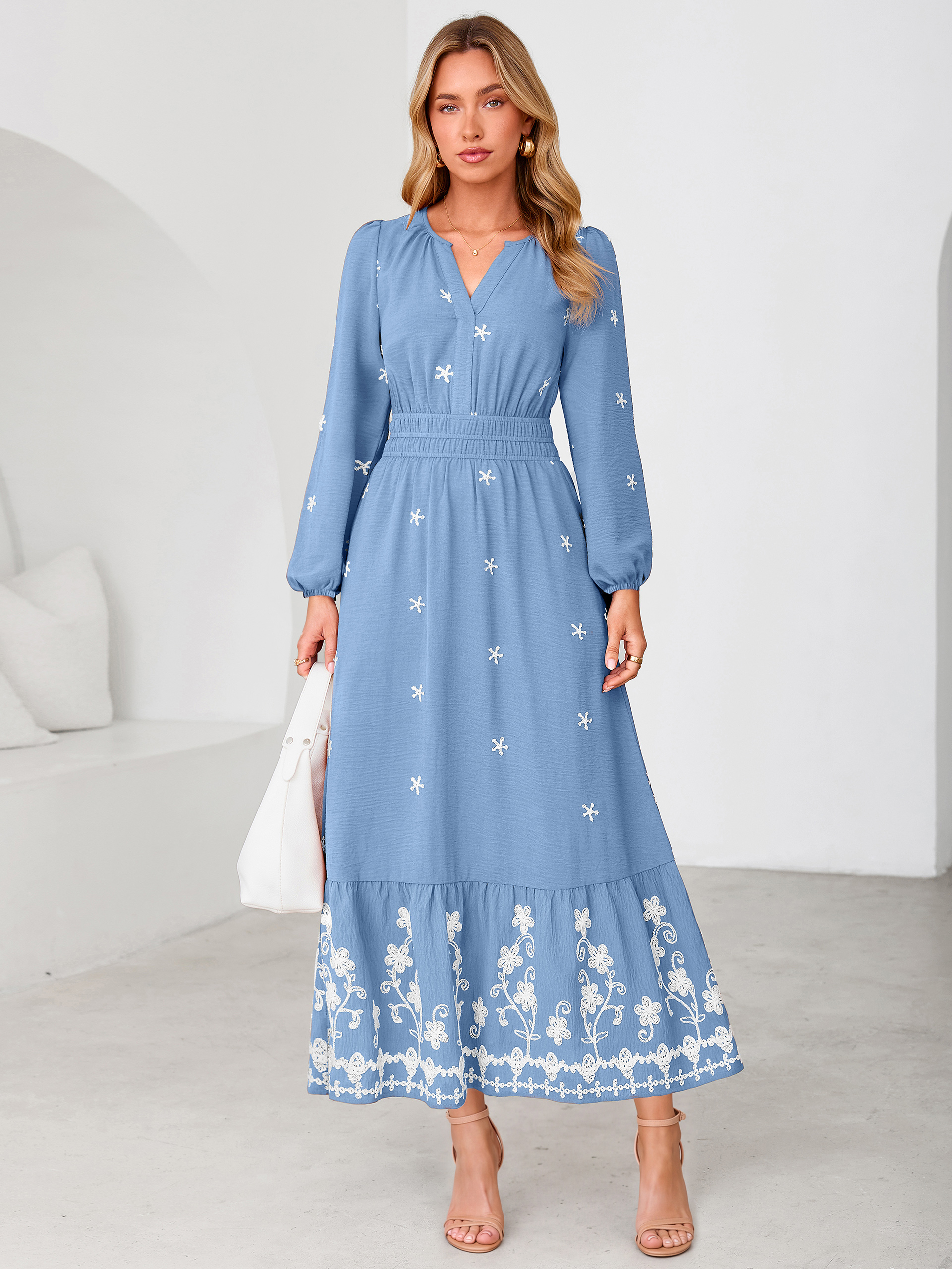 Boho Floral Embroidered Long Sleeve Maxi Dress