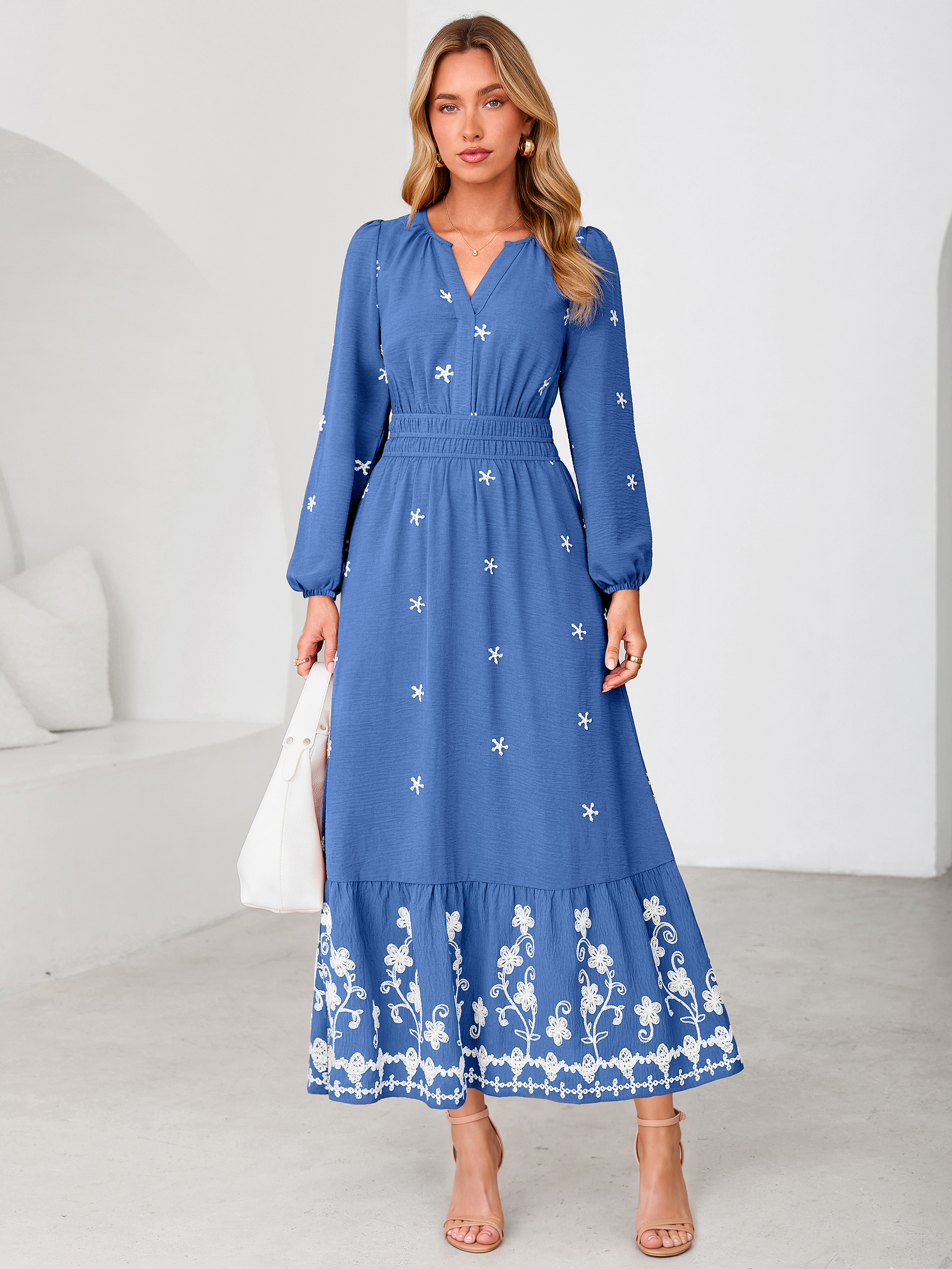 Boho Floral Embroidered Long Sleeve Maxi Dress