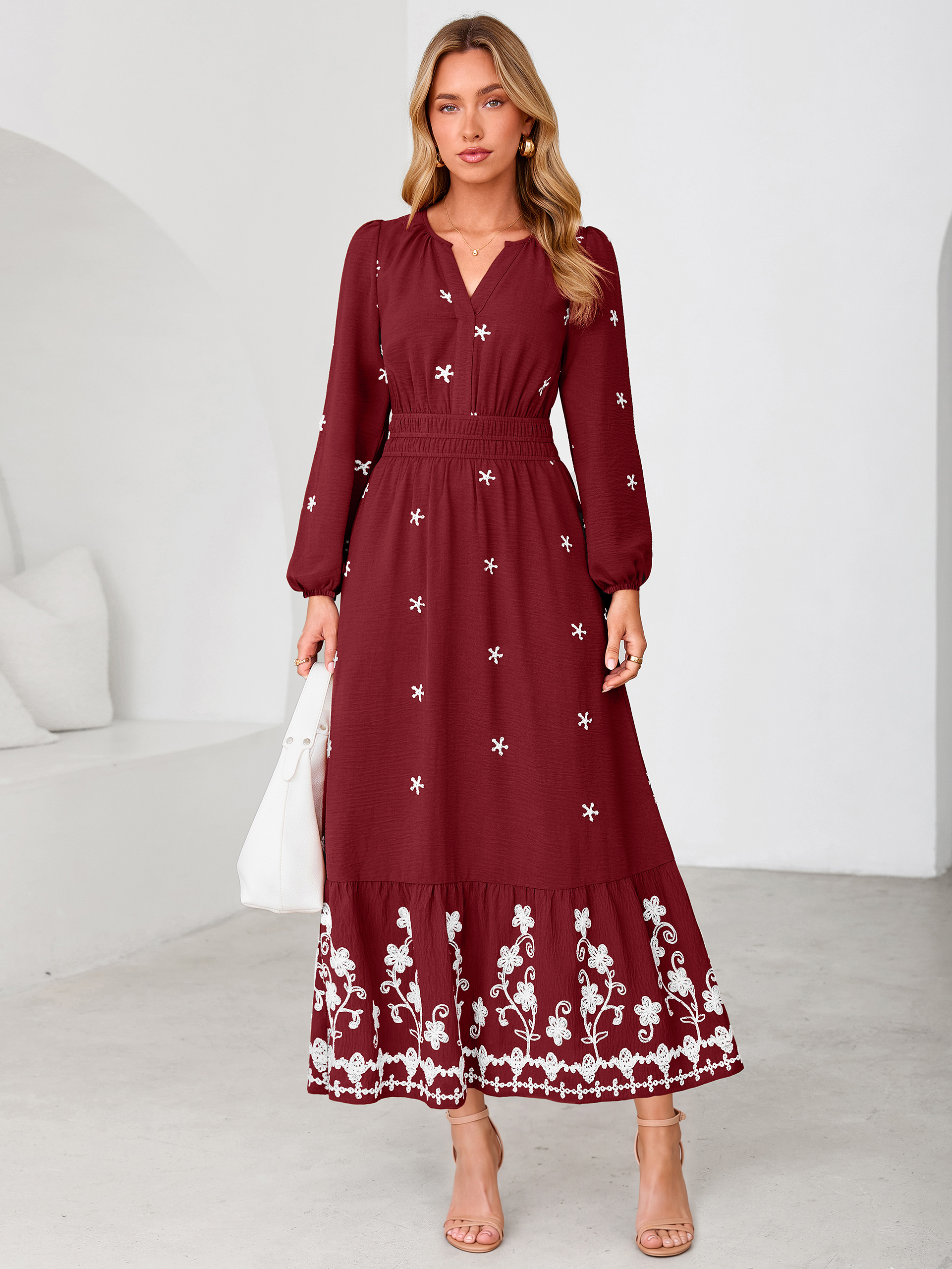 Boho Floral Embroidered Long Sleeve Maxi Dress