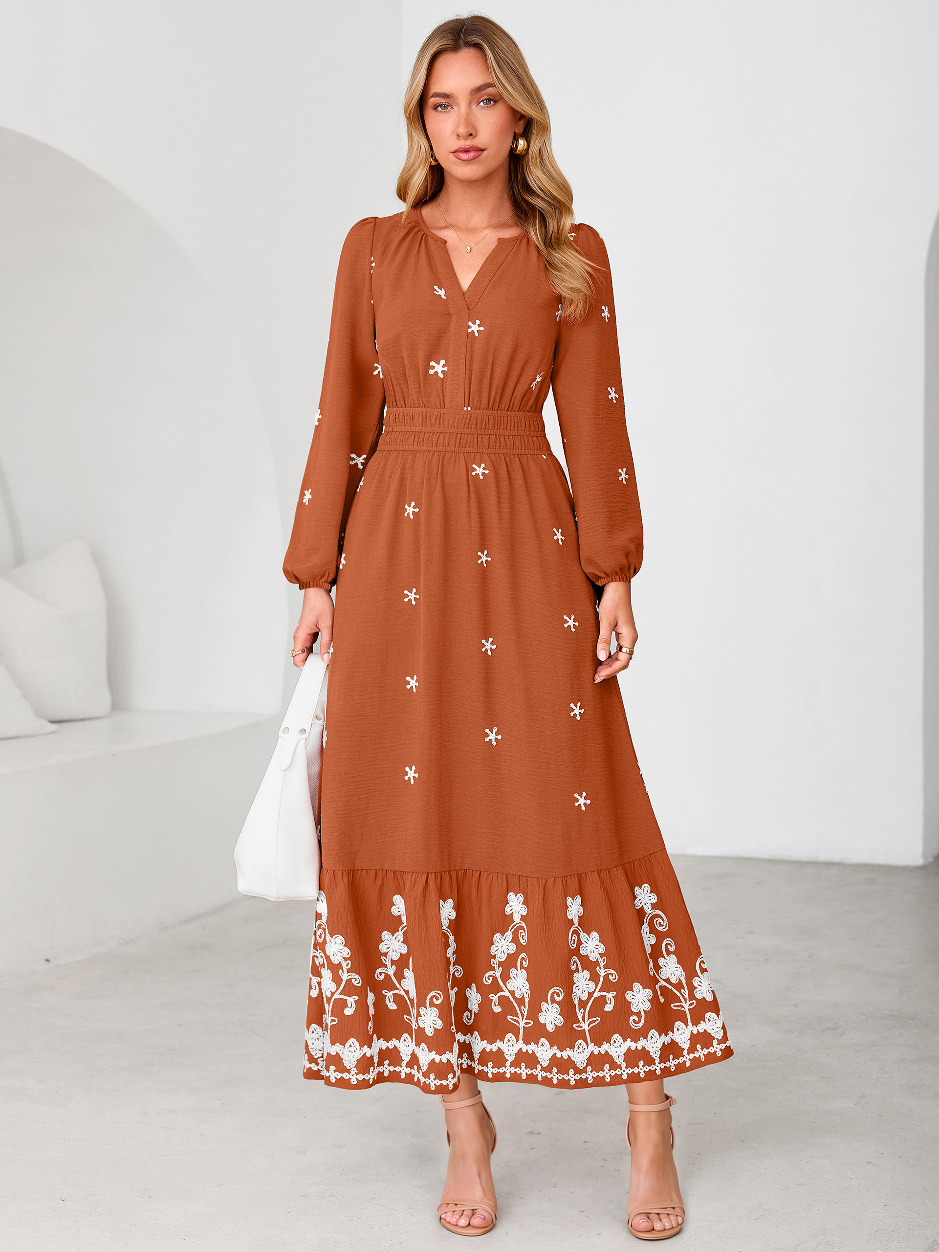 Boho Floral Embroidered Long Sleeve Maxi Dress