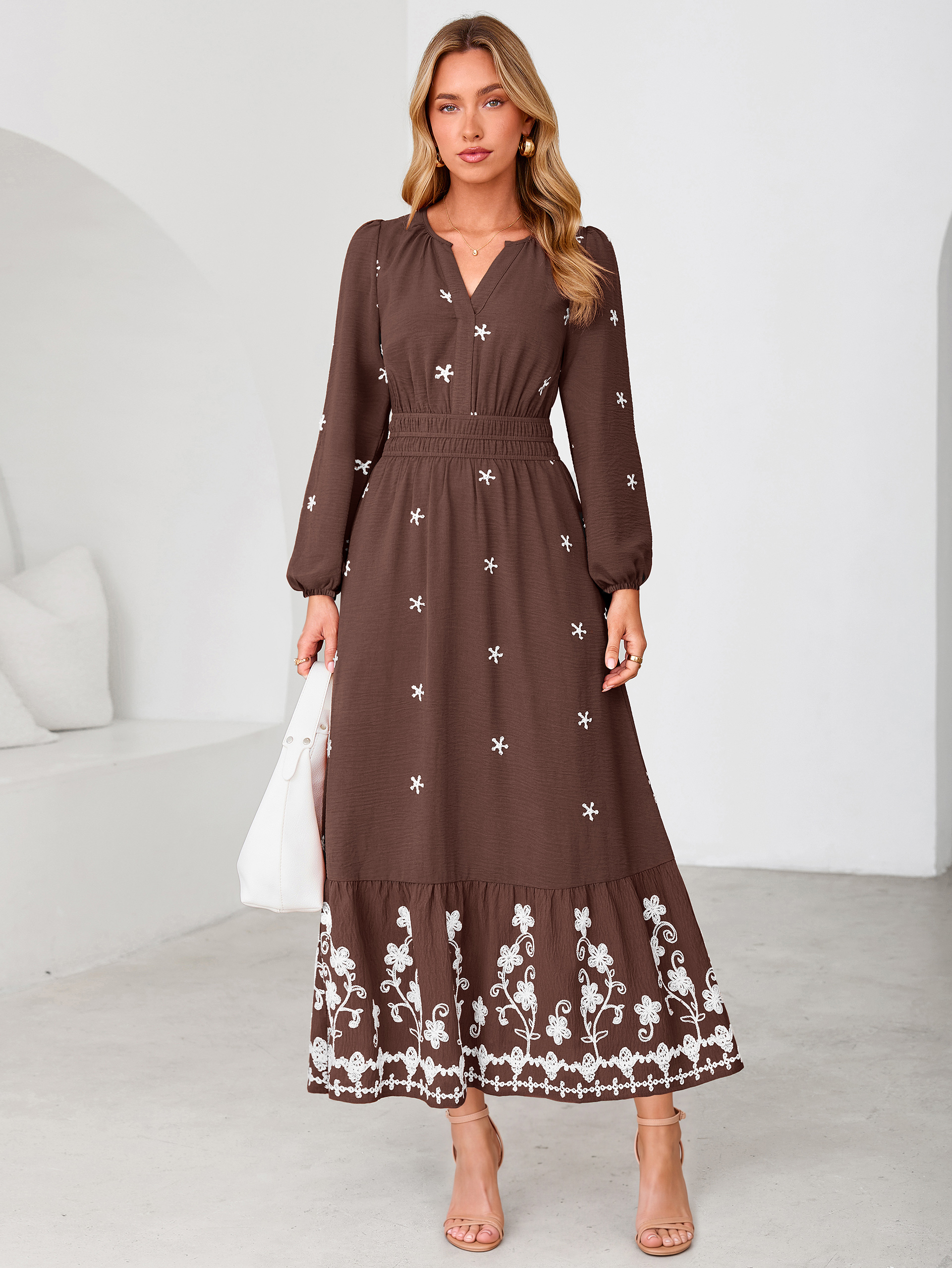 Boho Floral Embroidered Long Sleeve Maxi Dress