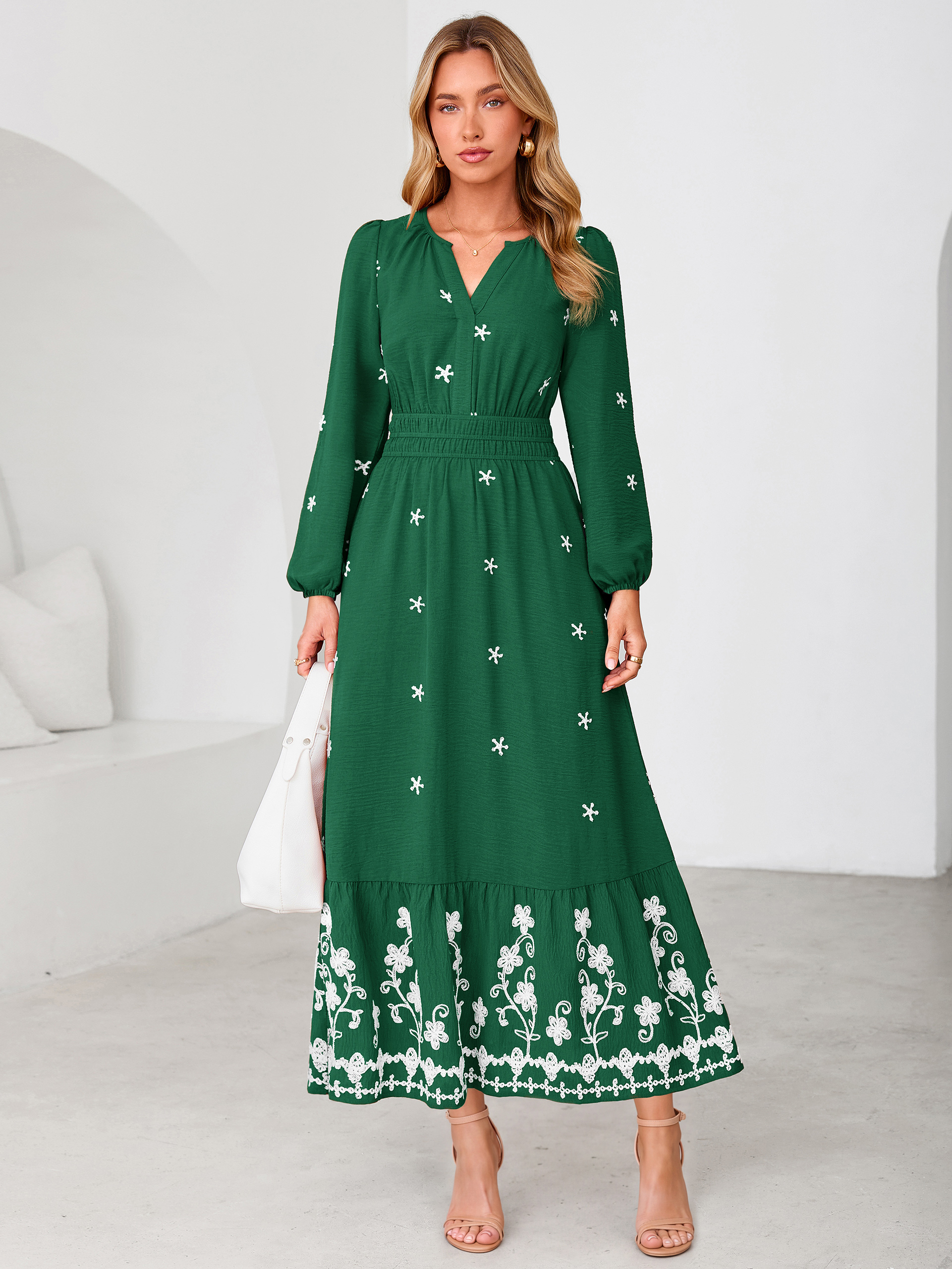 Boho Floral Embroidered Long Sleeve Maxi Dress