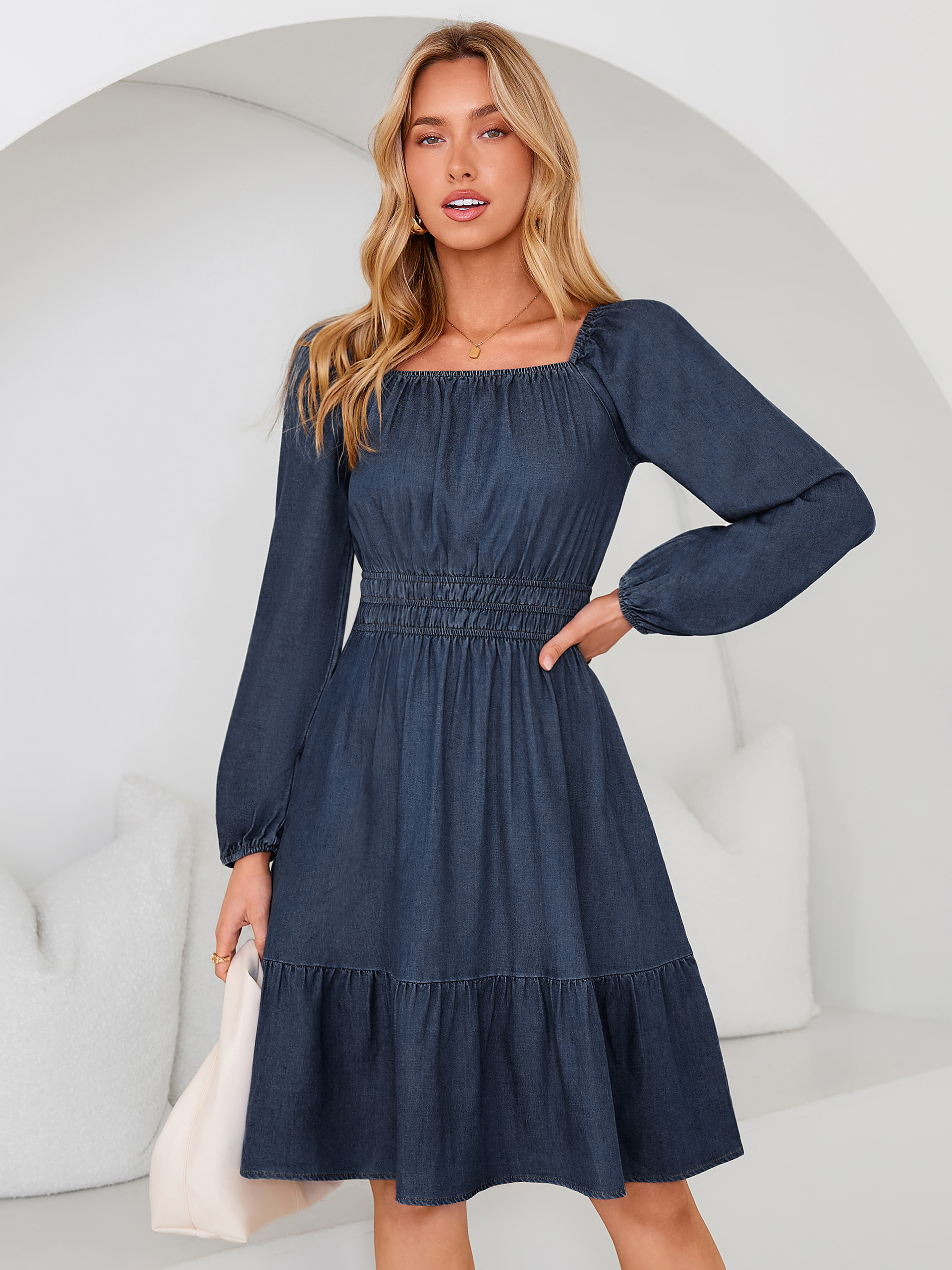 Square Neck Long Sleeve Lyocell Denim Mini Dress