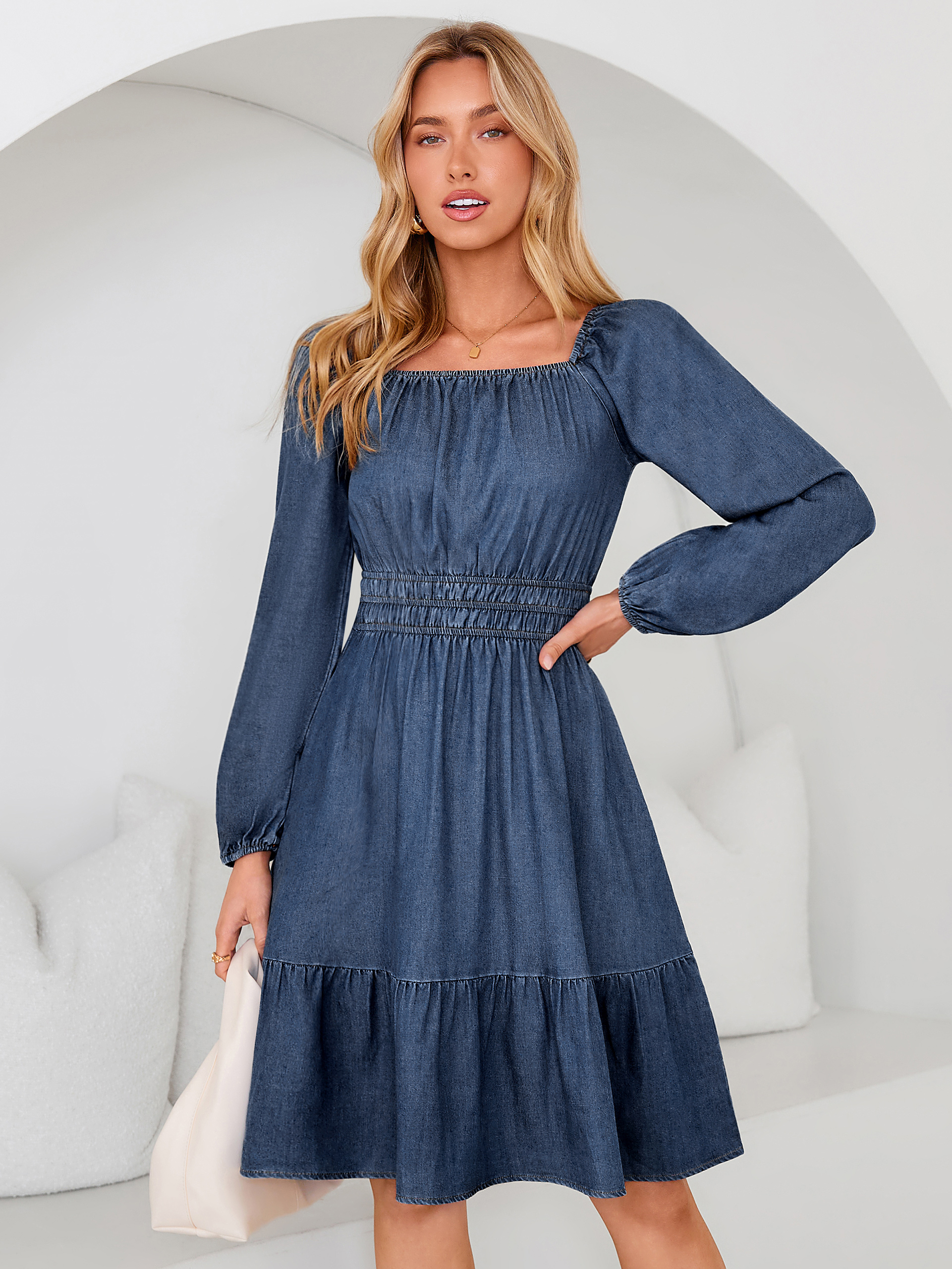 Square Neck Long Sleeve Lyocell Denim Mini Dress