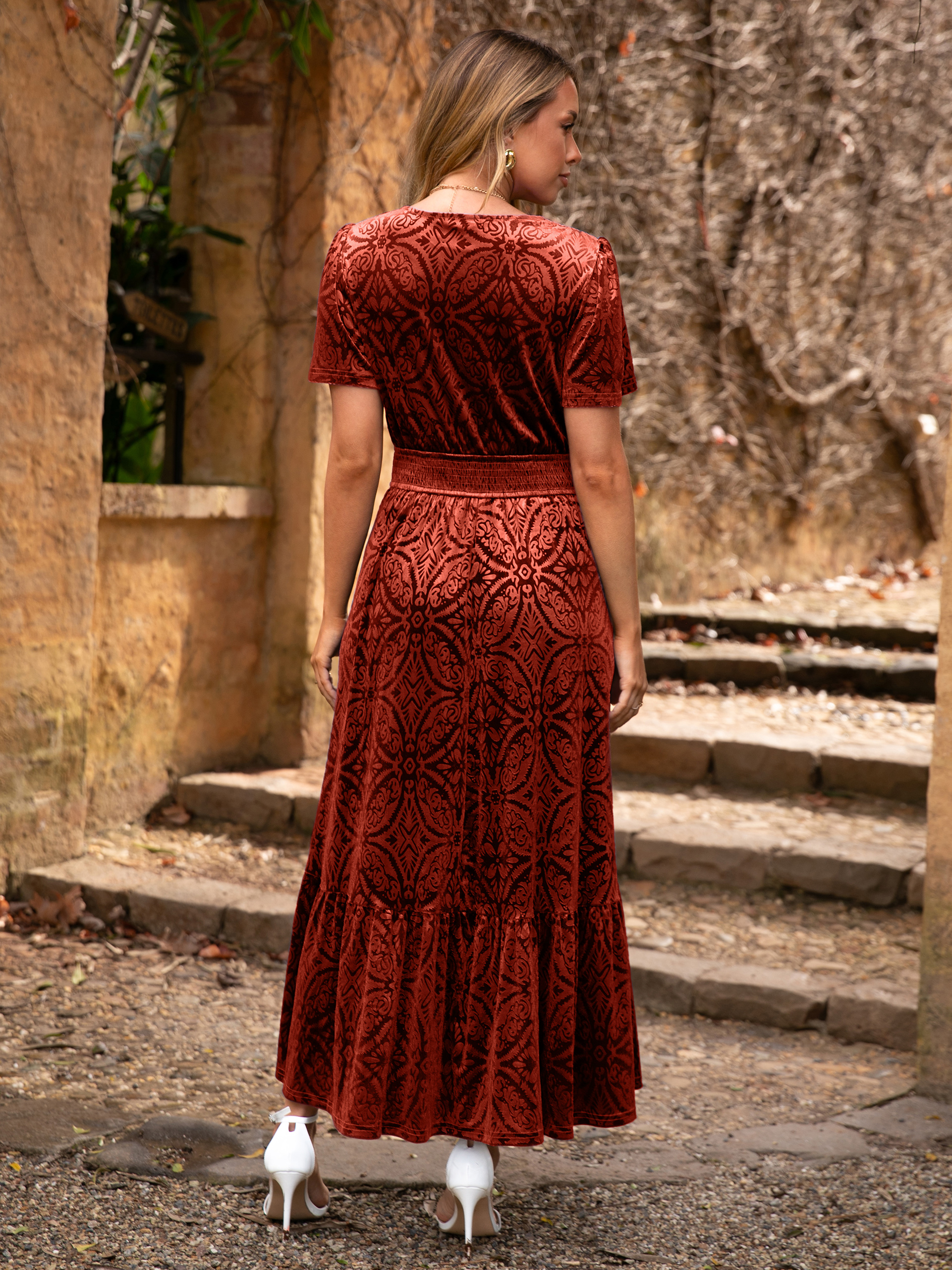 Velvet Floral V Neck Wedding Guest Maxi Dress - Rust Red