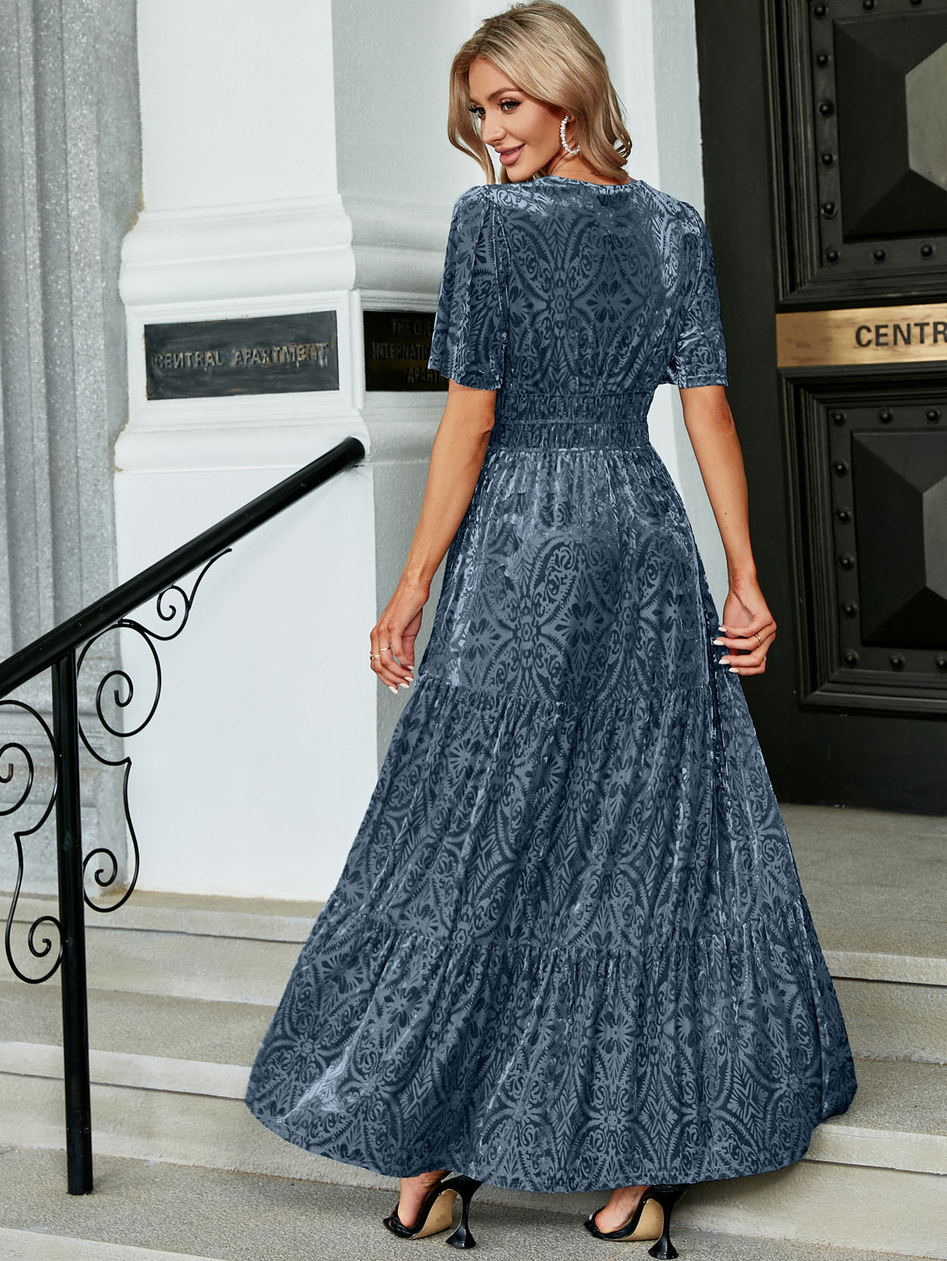 Velvet Print V-Neck Empire Tiered Ruffle Maxi Dress