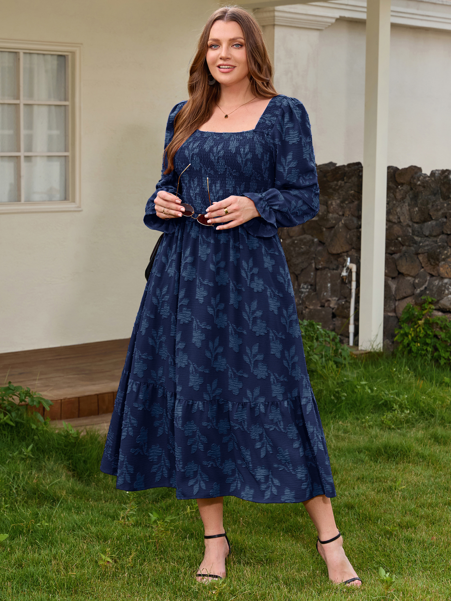 Plus Size Smocked Square Neck Long Sleeve Floral Maxi Dress
