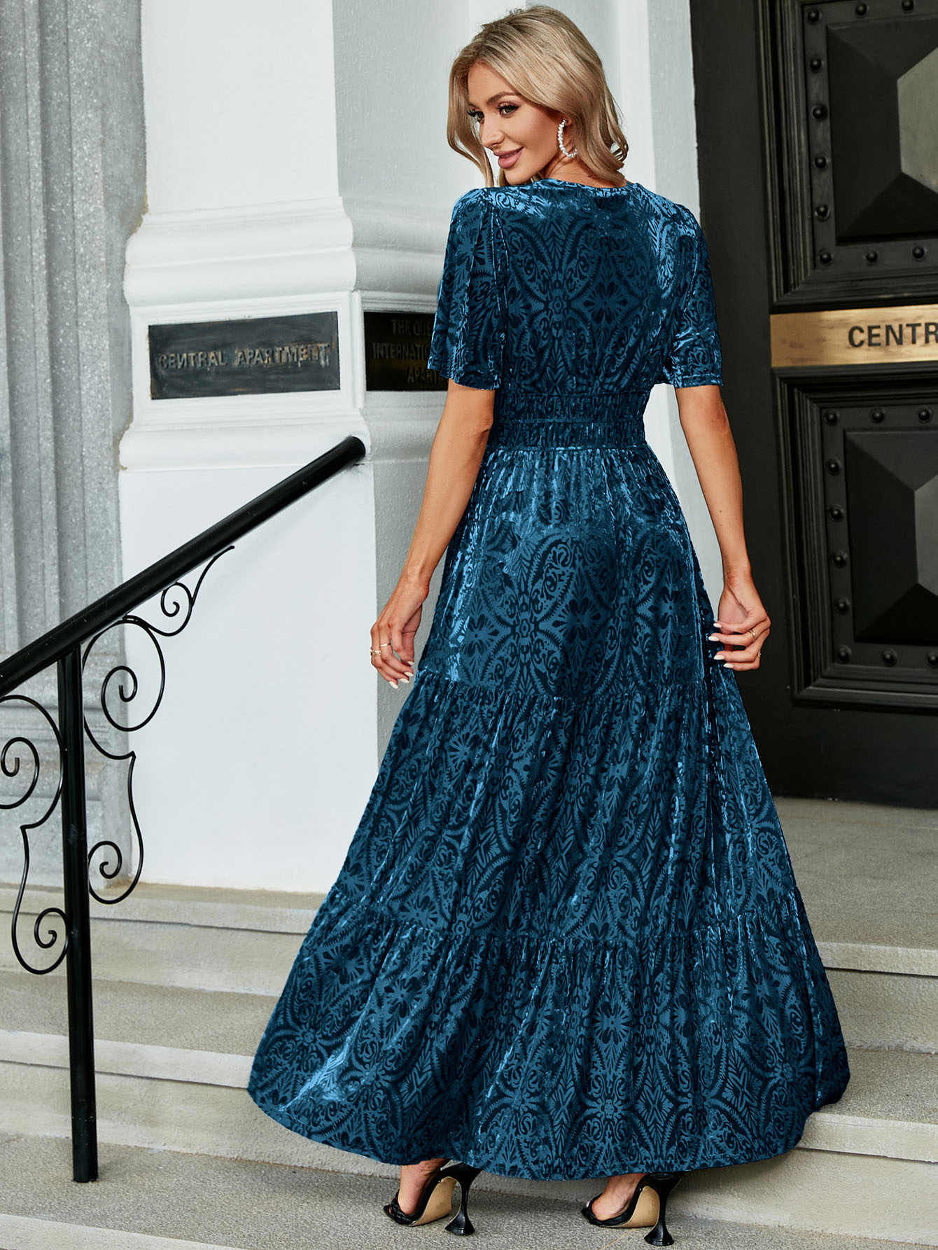 Velvet Print V-Neck Empire Tiered Ruffle Maxi Dress