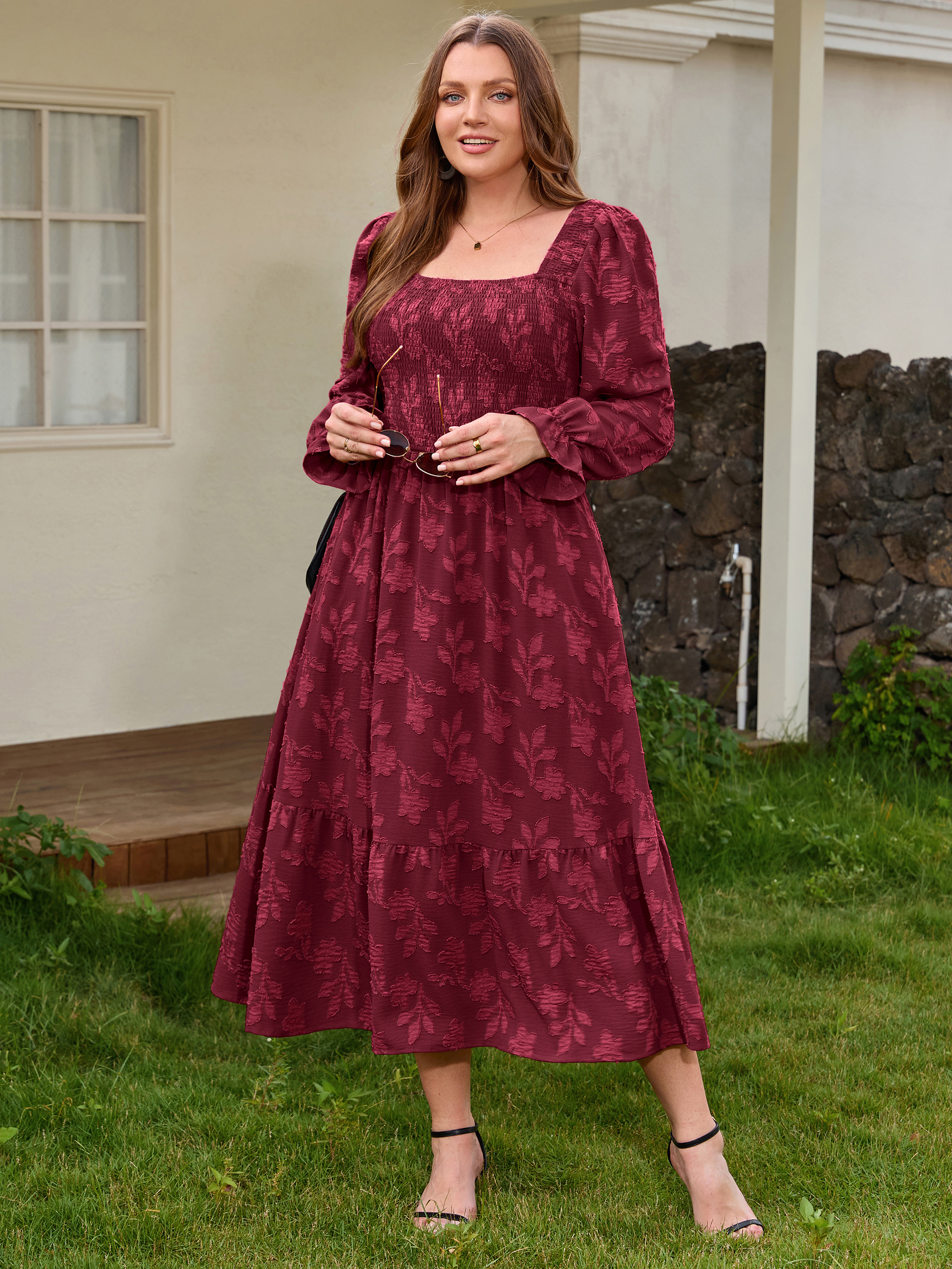 Plus Size Smocked Square Neck Long Sleeve Floral Maxi Dress