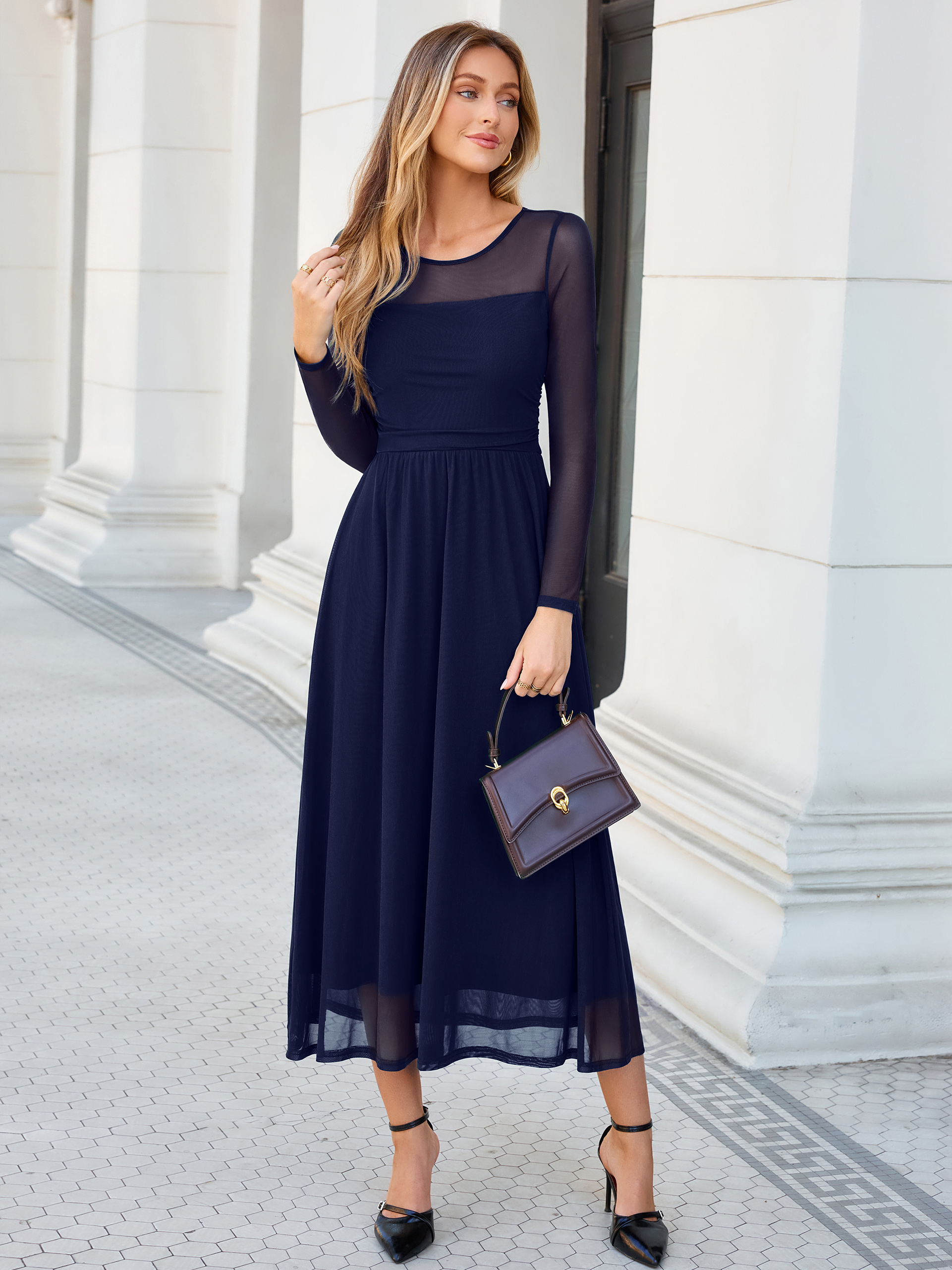 Long Sleeve Sheer Mesh Fit and Flare Maxi Dress