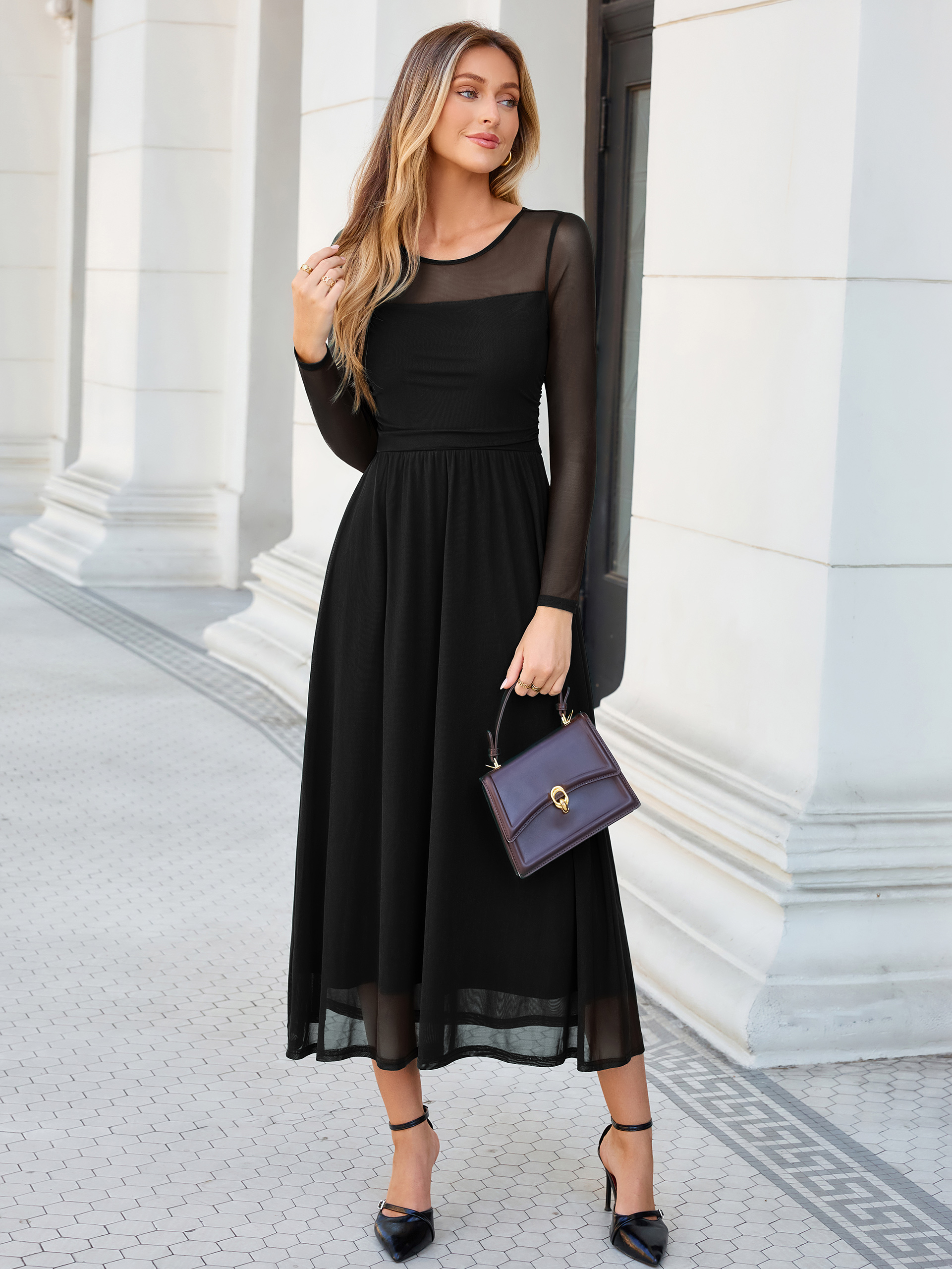 Long Sleeve Sheer Mesh Fit and Flare Maxi Dress