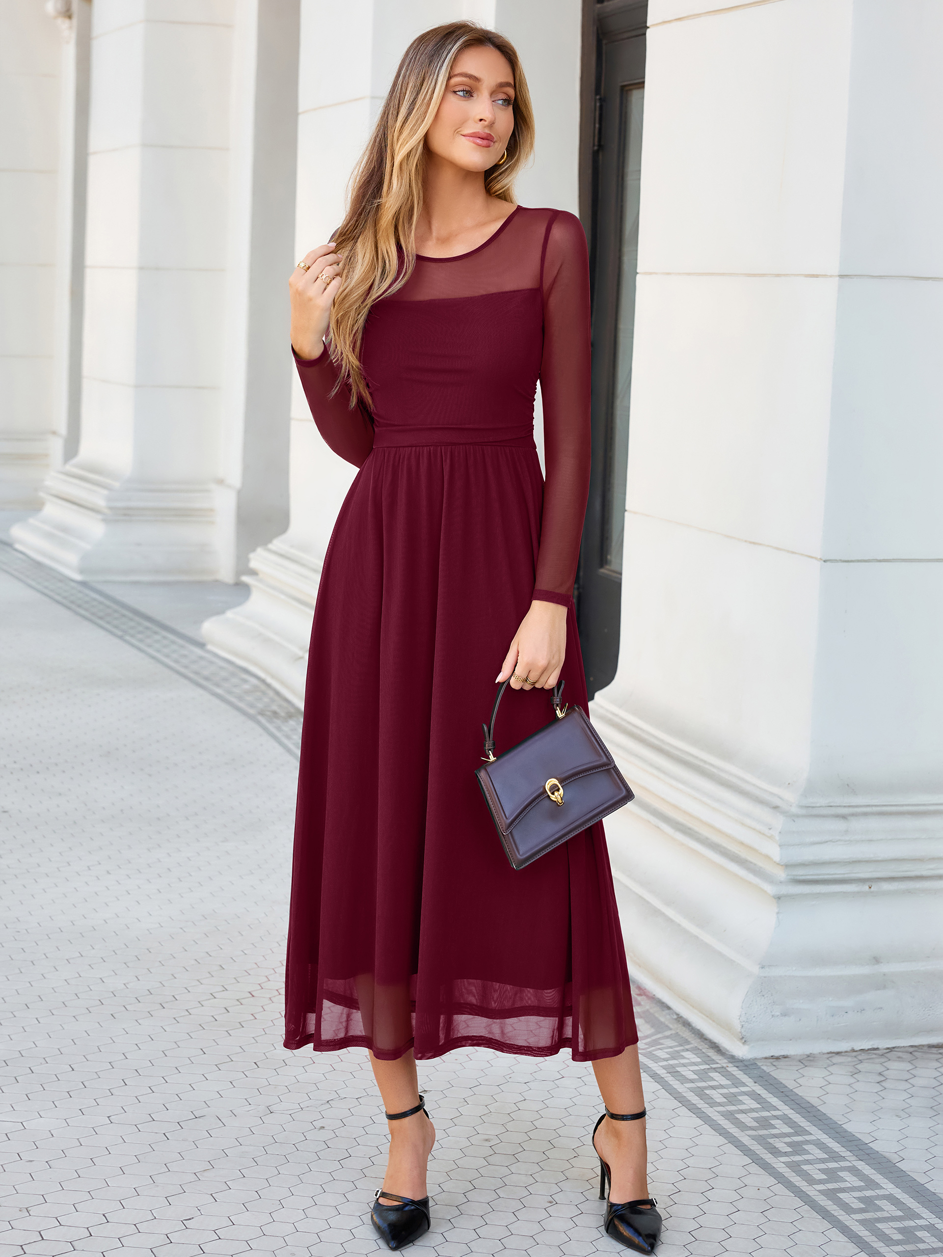 Long Sleeve Sheer Mesh Fit and Flare Maxi Dress