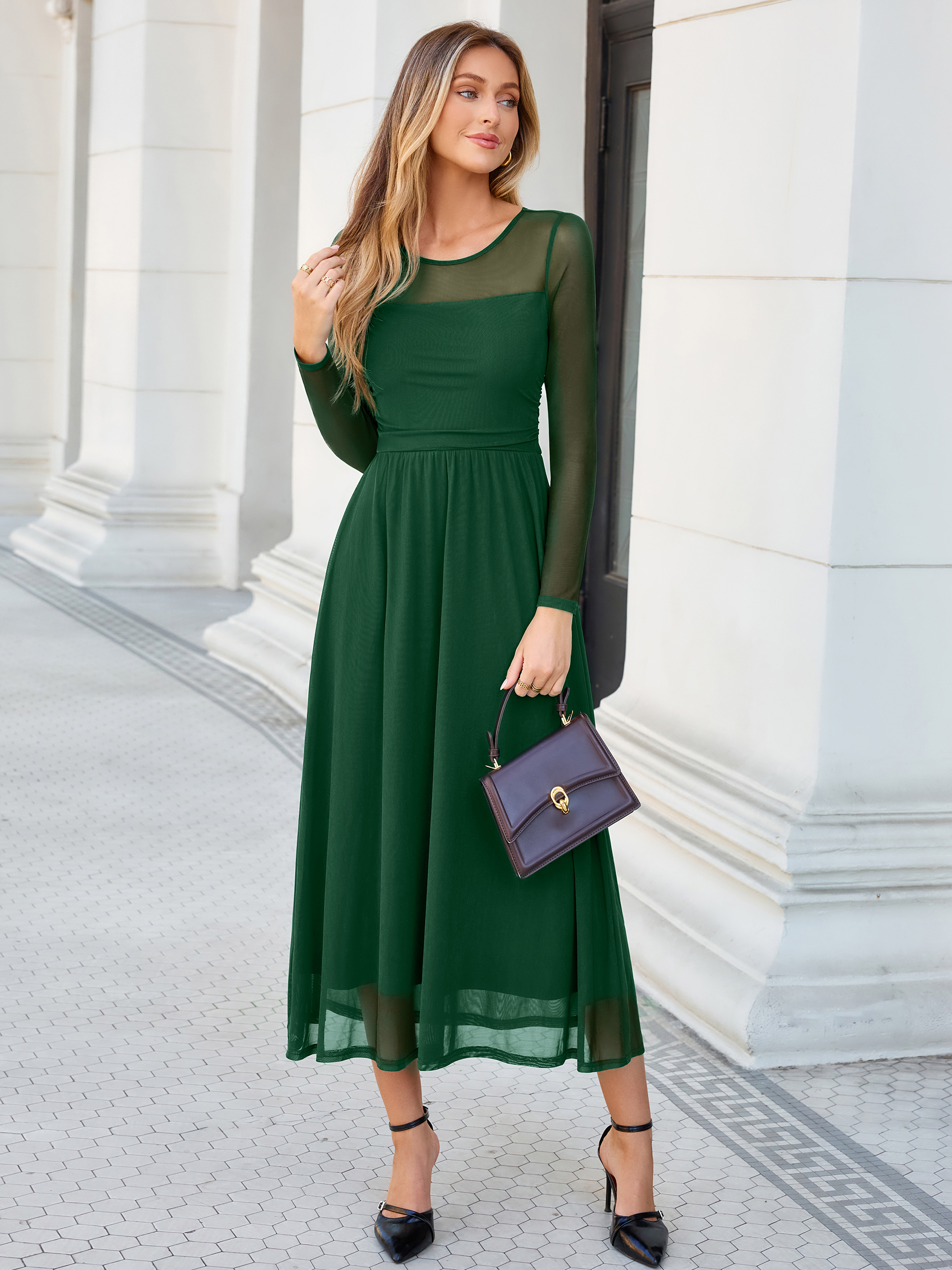 Long Sleeve Sheer Mesh Fit and Flare Maxi Dress