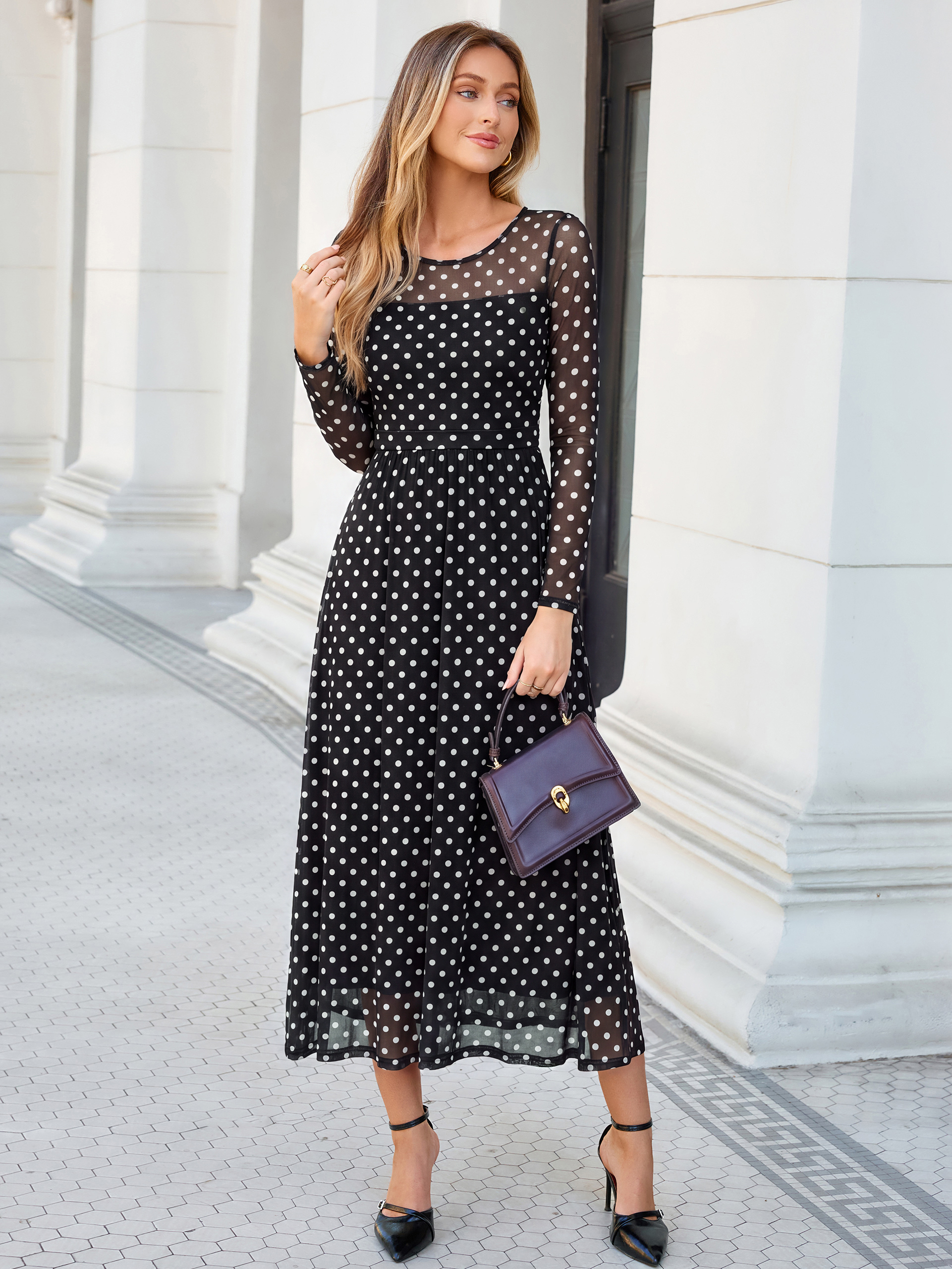 Dot-Printed Mesh Lined Fit and Flare Maxi Dress