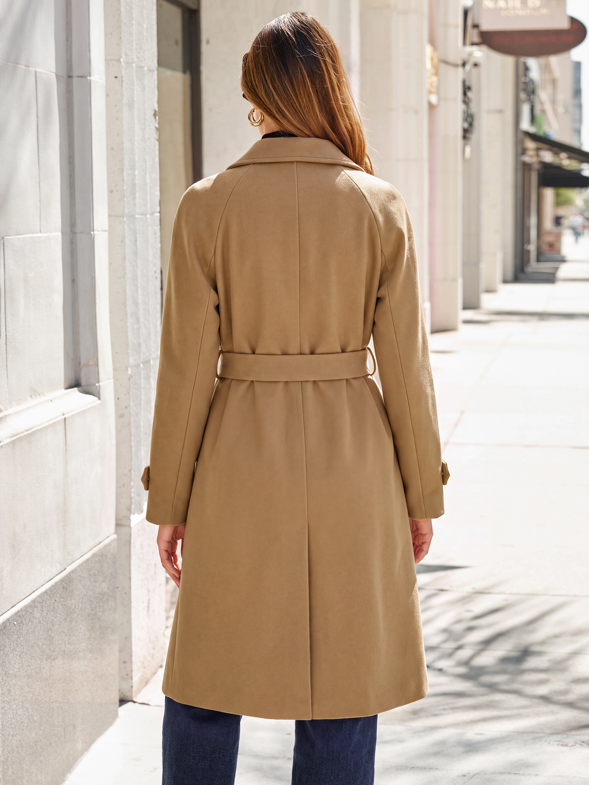 Solid Single Breasted Belted Tweed Long Peacoat