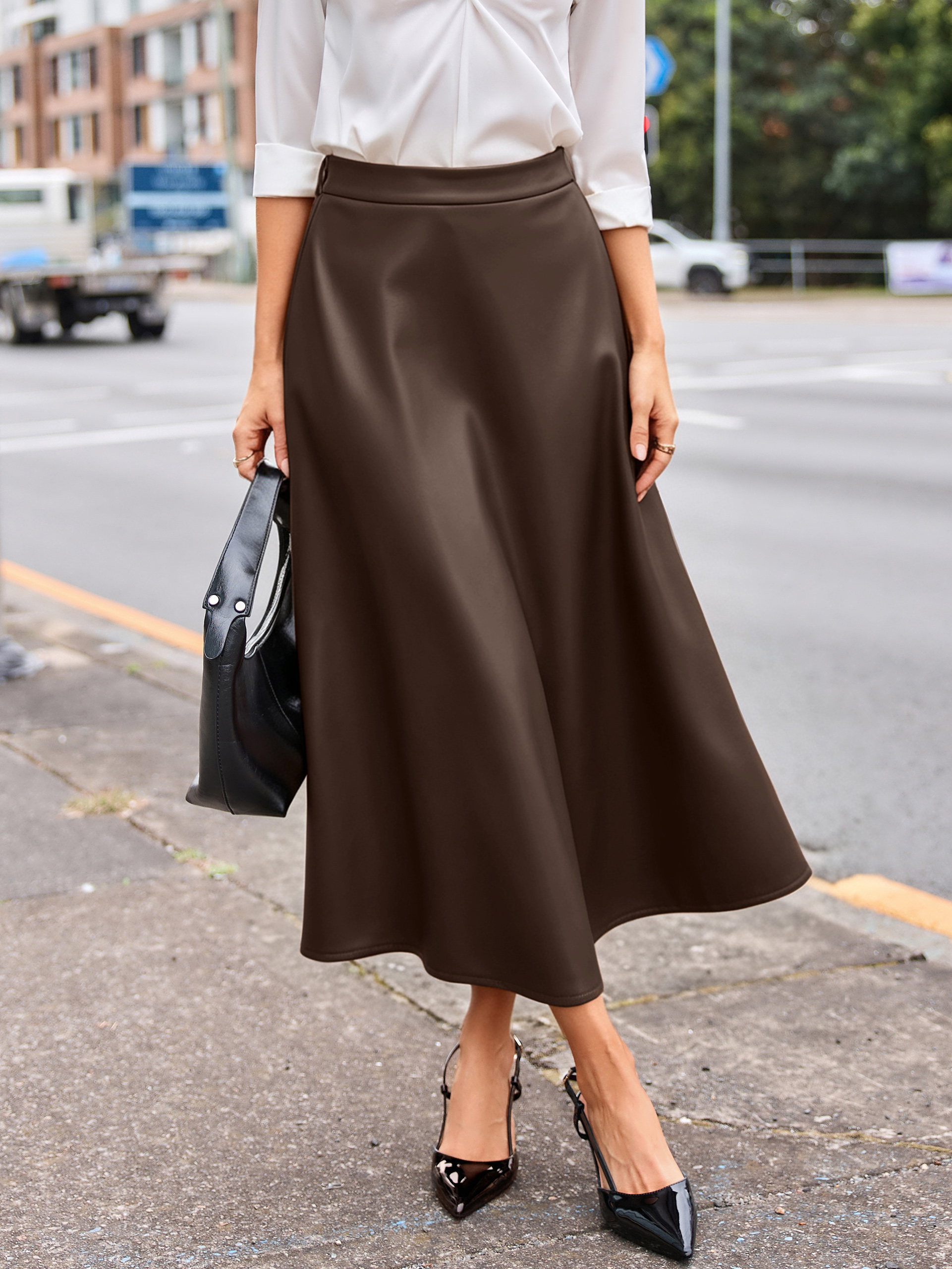 Faux Leather High Waisted A Line Midi Skirt