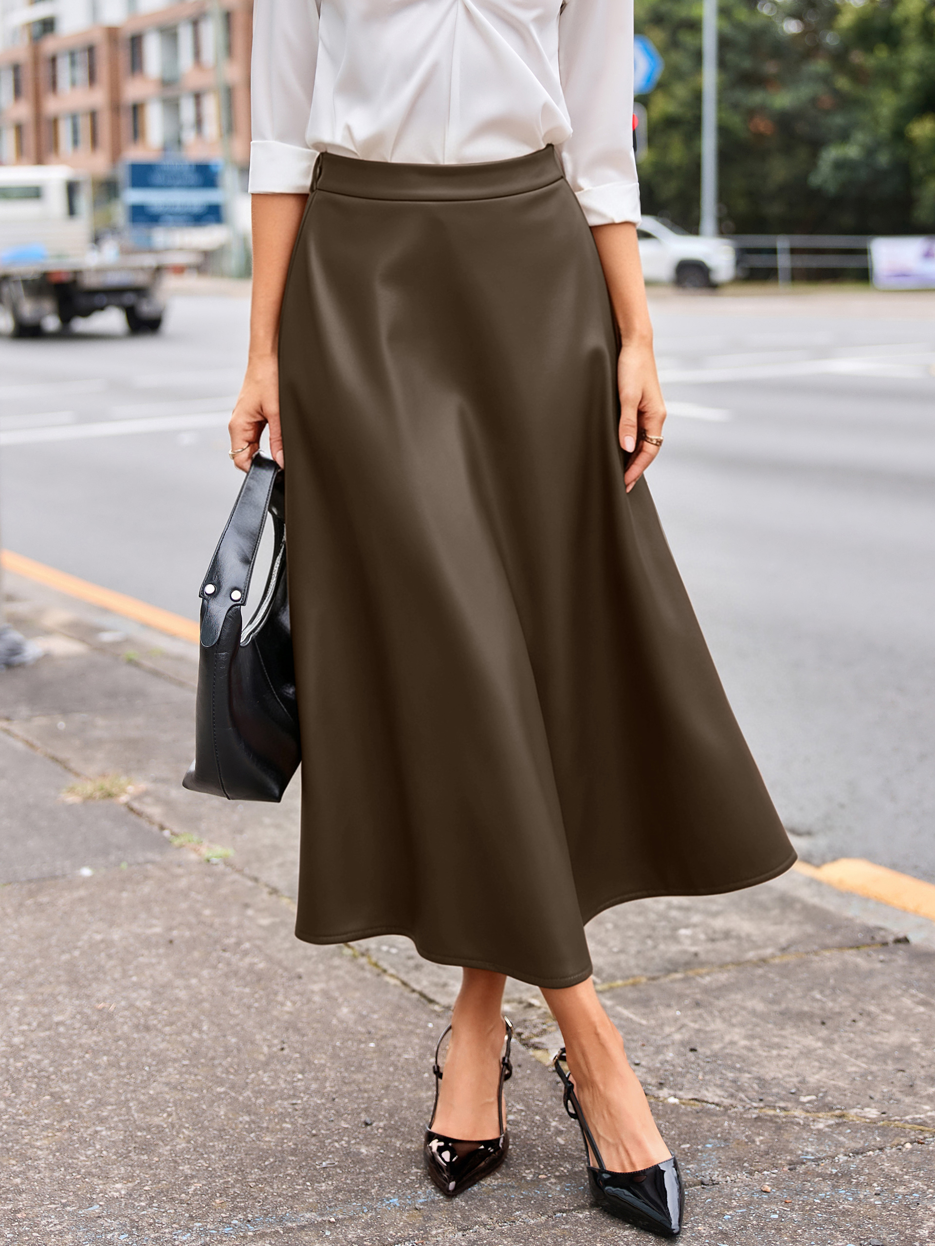 Faux Leather High Waisted A Line Midi Skirt