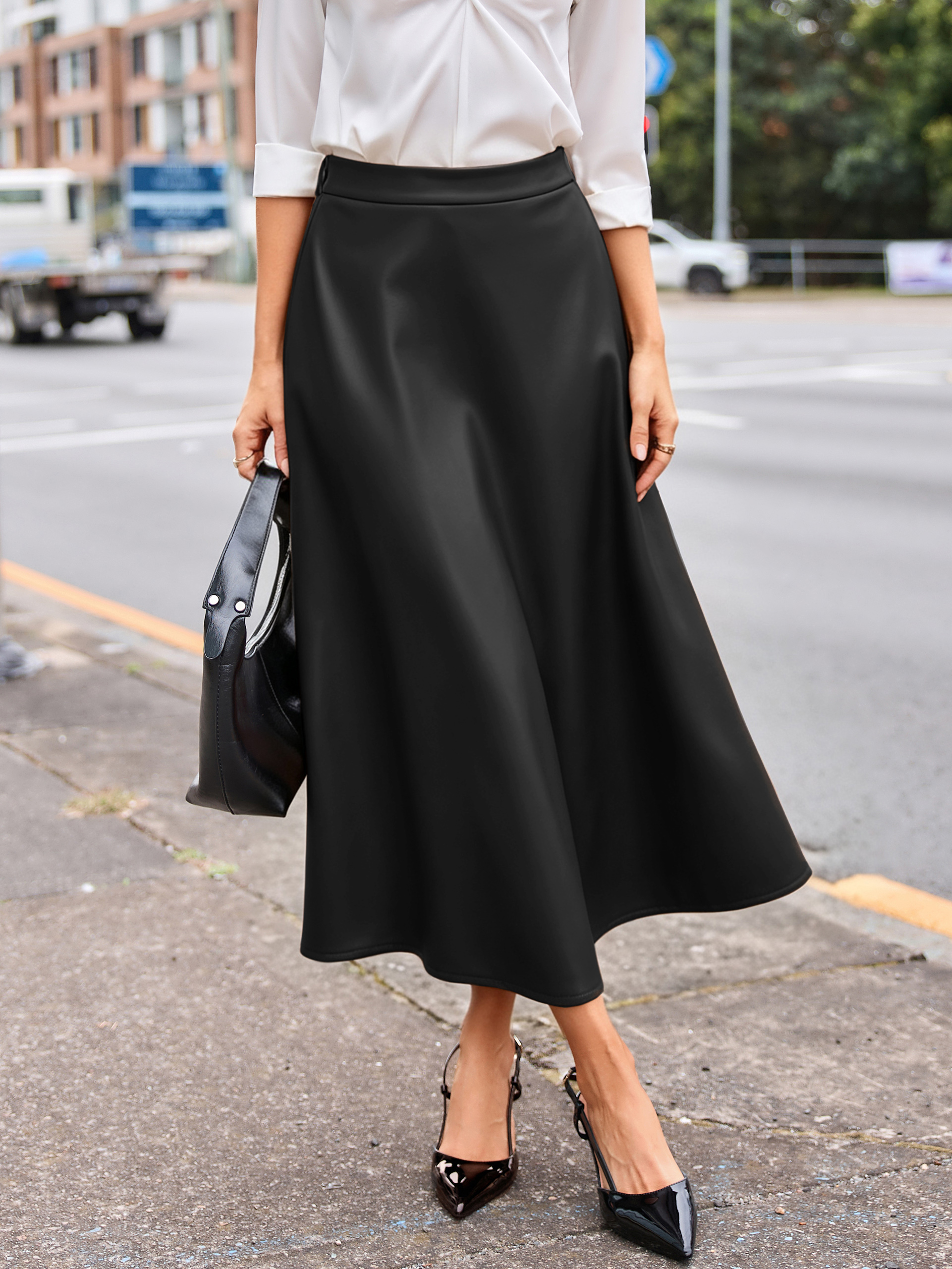 Faux Leather High Waisted A Line Midi Skirt