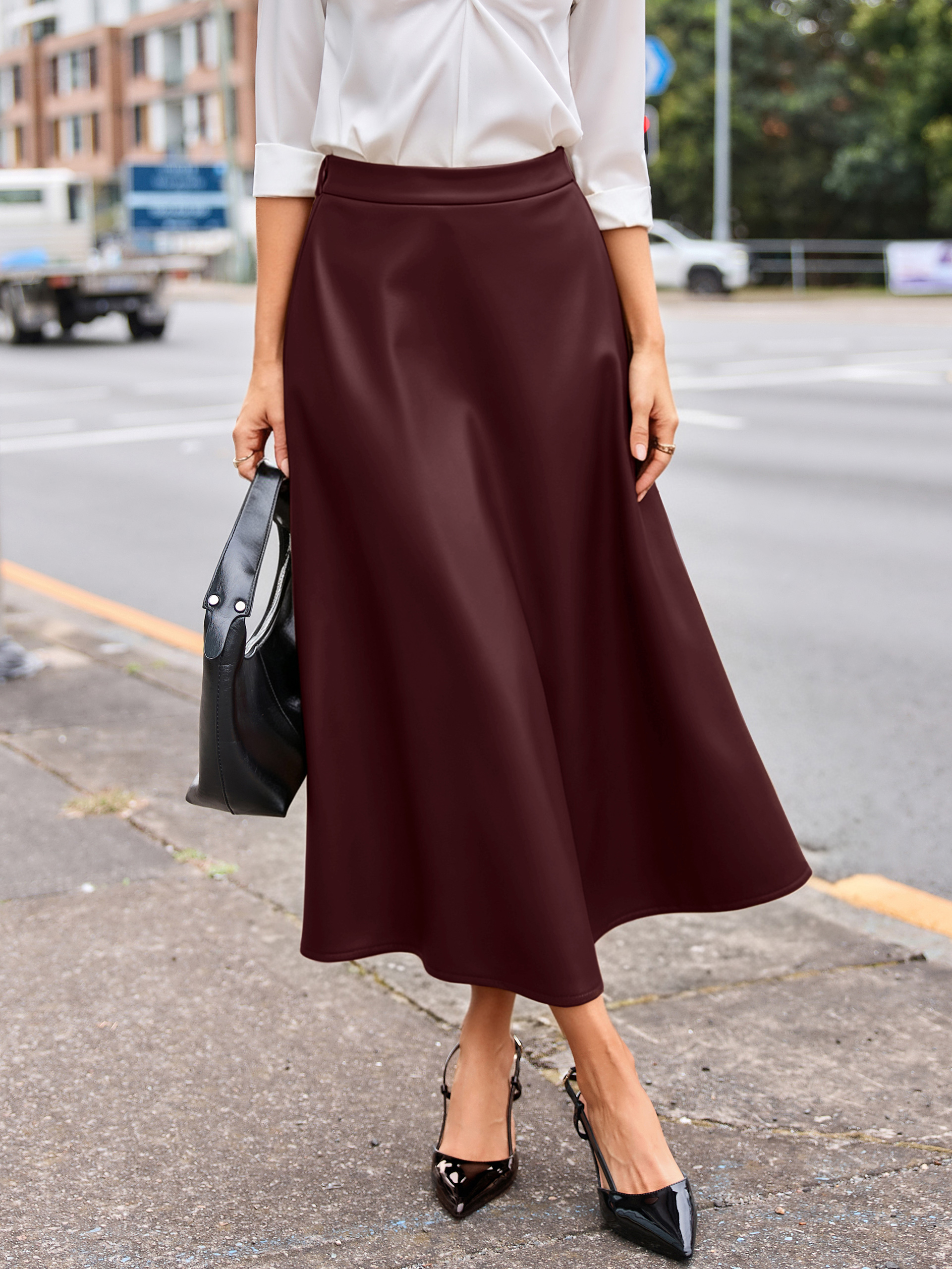 Faux Leather High Waisted A Line Midi Skirt