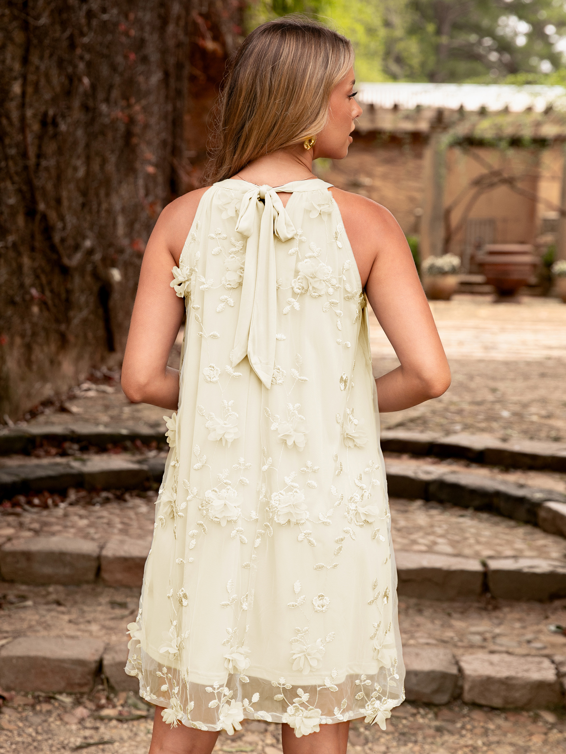 3D Flower Appliques Sleeveless Mini Halter Dress - Beige Yellow