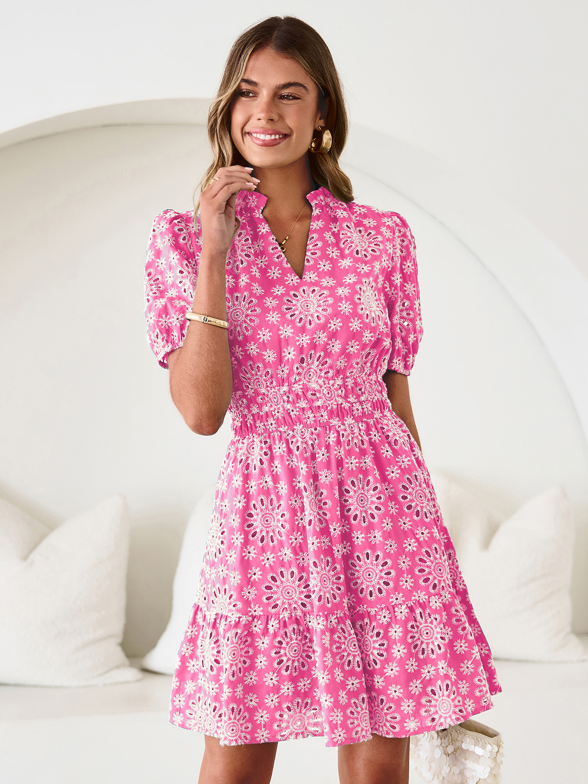 Eyelet Embroidery V Neck Smocked Mini Dress