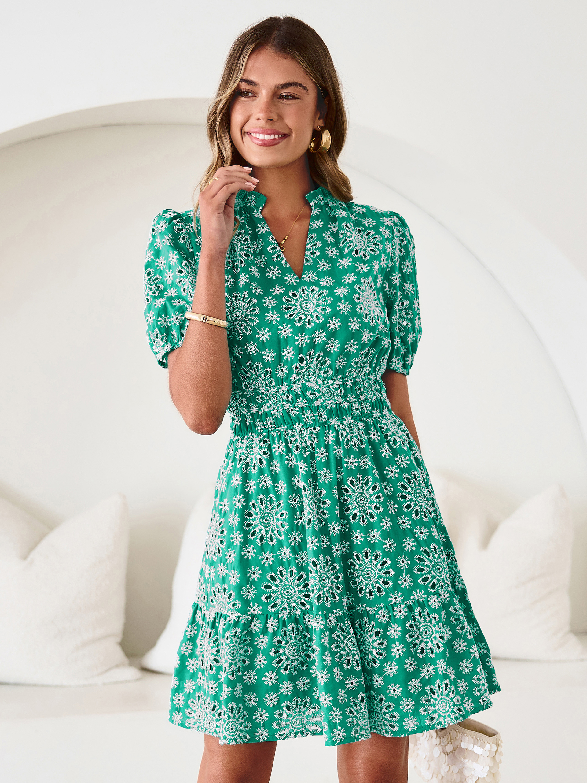 Eyelet Embroidery V Neck Smocked Mini Dress