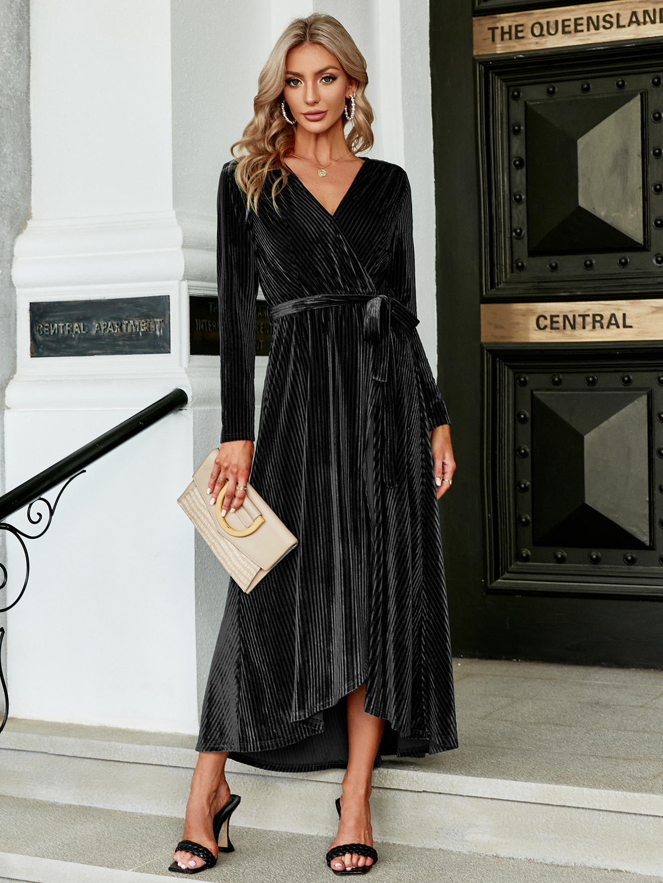 Velvet V-Neck Long Sleeve Slit Belted Wrap Maxi Dress