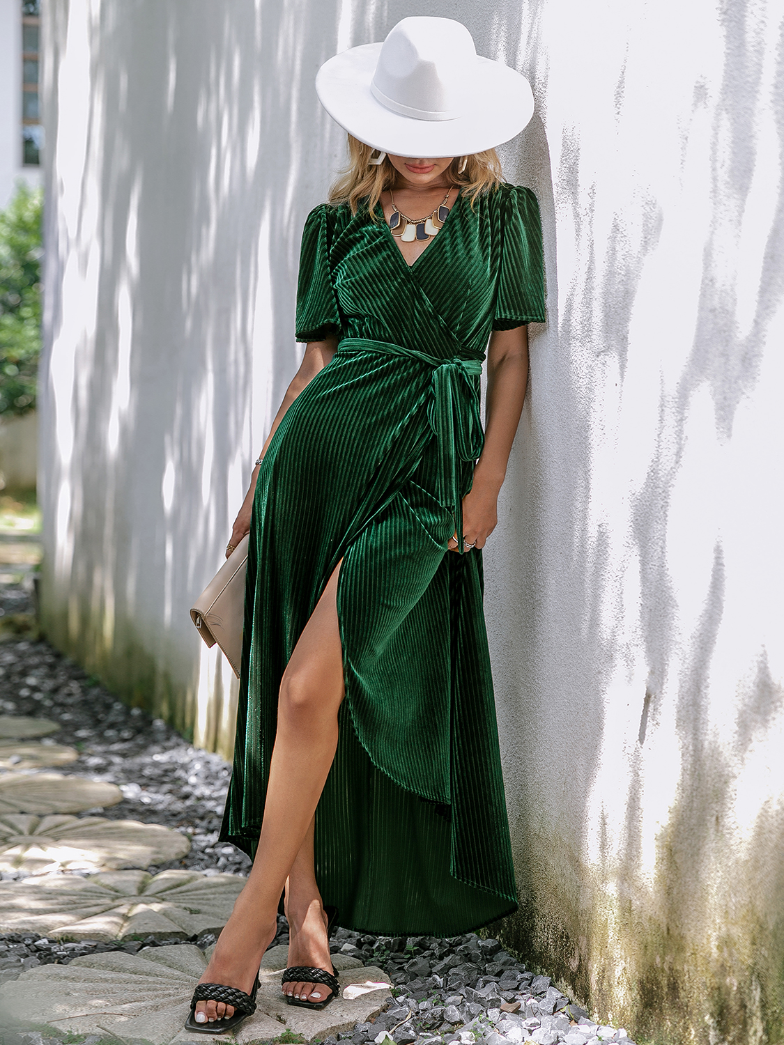 Velvet V-Neck Short Sleeve Belted Wrap Maxi Dress