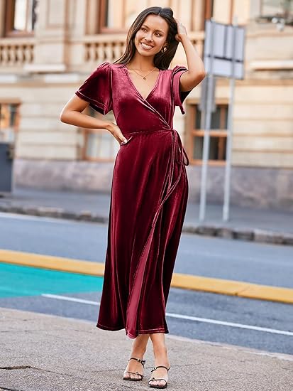Velvet Wrap Dress V Neck Cocktail Maxi Dress - Wine Red