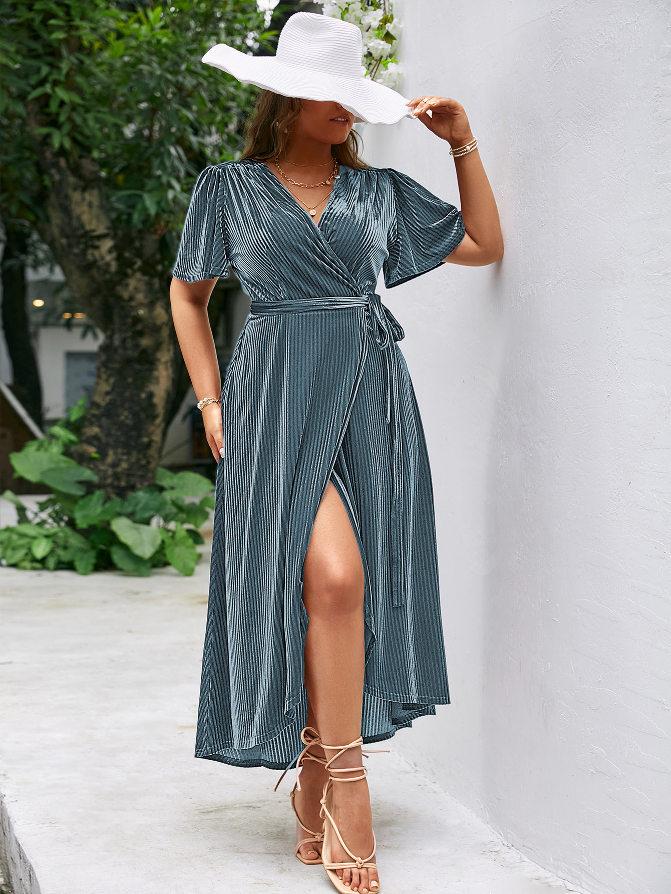 Plus Size Velvet V Neck Short Sleeve Wrap Maxi Dress