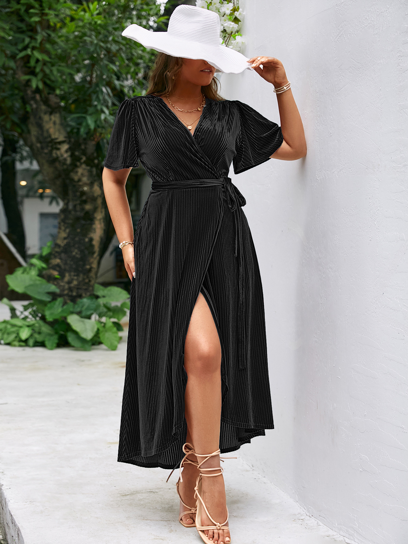 Plus Size Velvet V Neck Short Sleeve Wrap Maxi Dress
