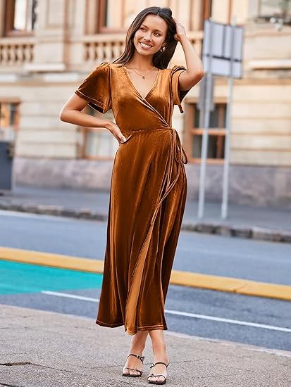 Velvet Wrap Dress V Neck Cocktail Maxi Dress - Burnt Orange